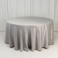 Lamour Satin 120" Round Tablecloth Silver - Seamless Table Cover with Soft Tempered Sheen