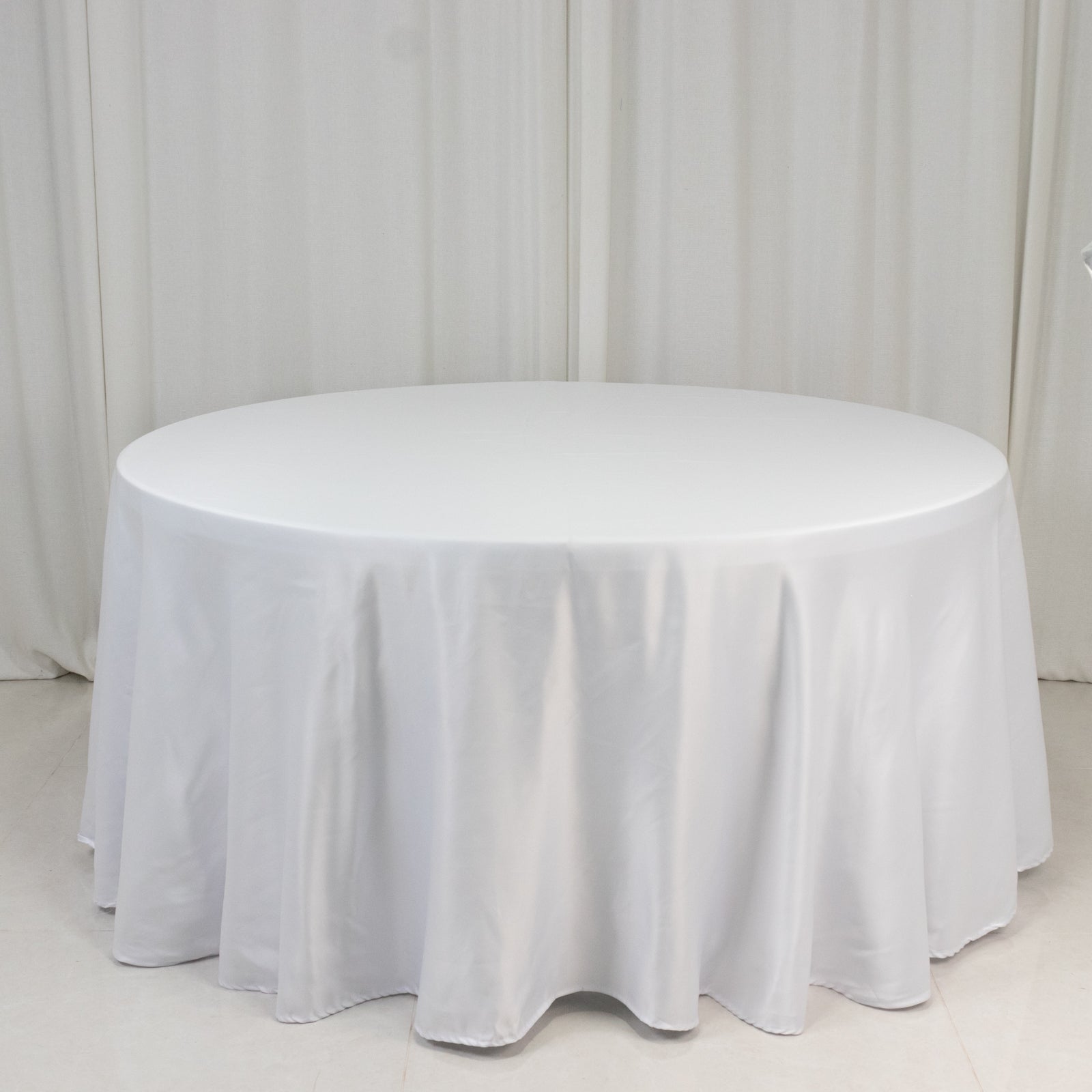 Lamour Satin 120" Round Tablecloth White - Seamless Table Cover with Soft Tempered Sheen for Upscale Gatherings