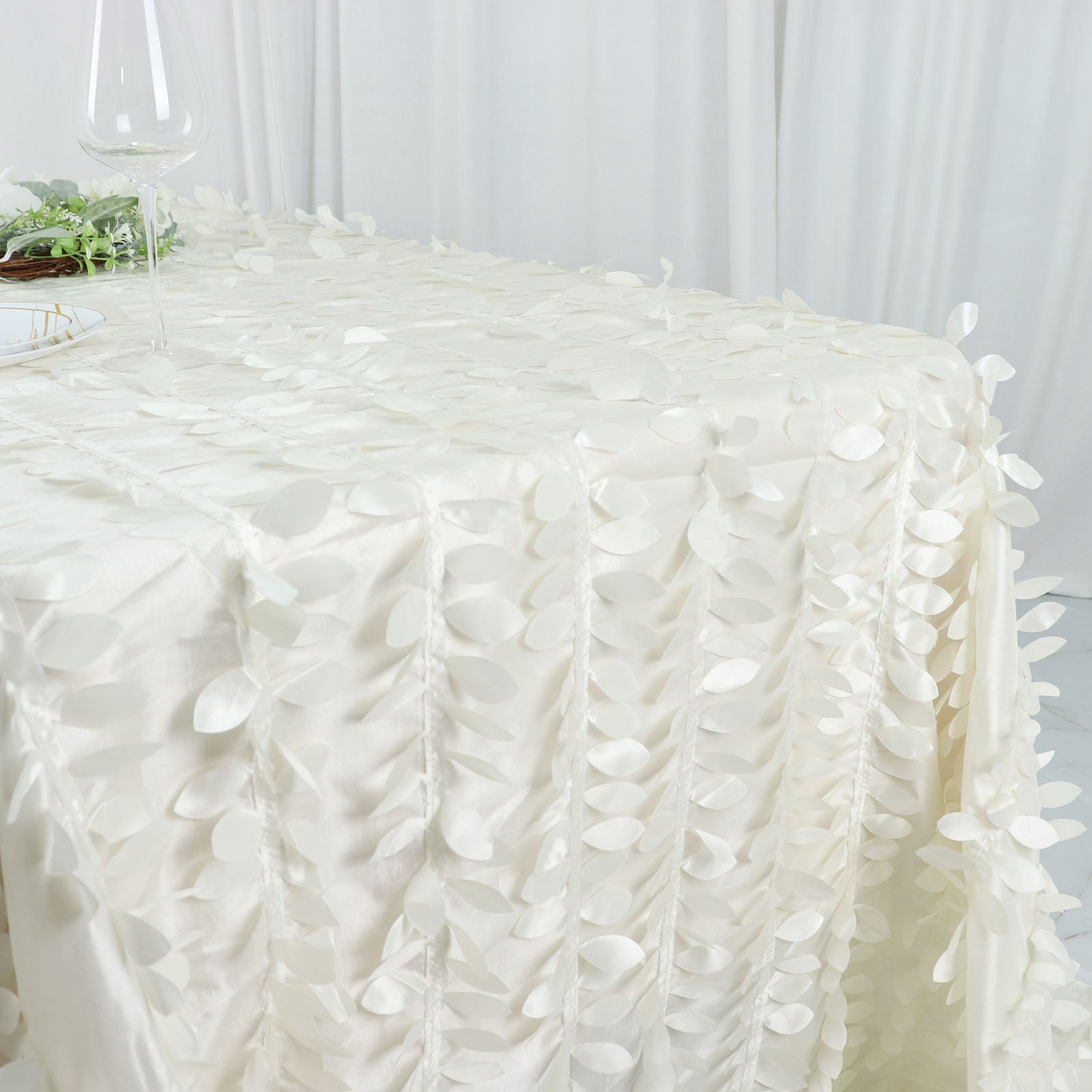 Taffeta 90"x132" Rectangle Tablecloth Ivory | 3D Leaf Petal Design Seamless Table Cover