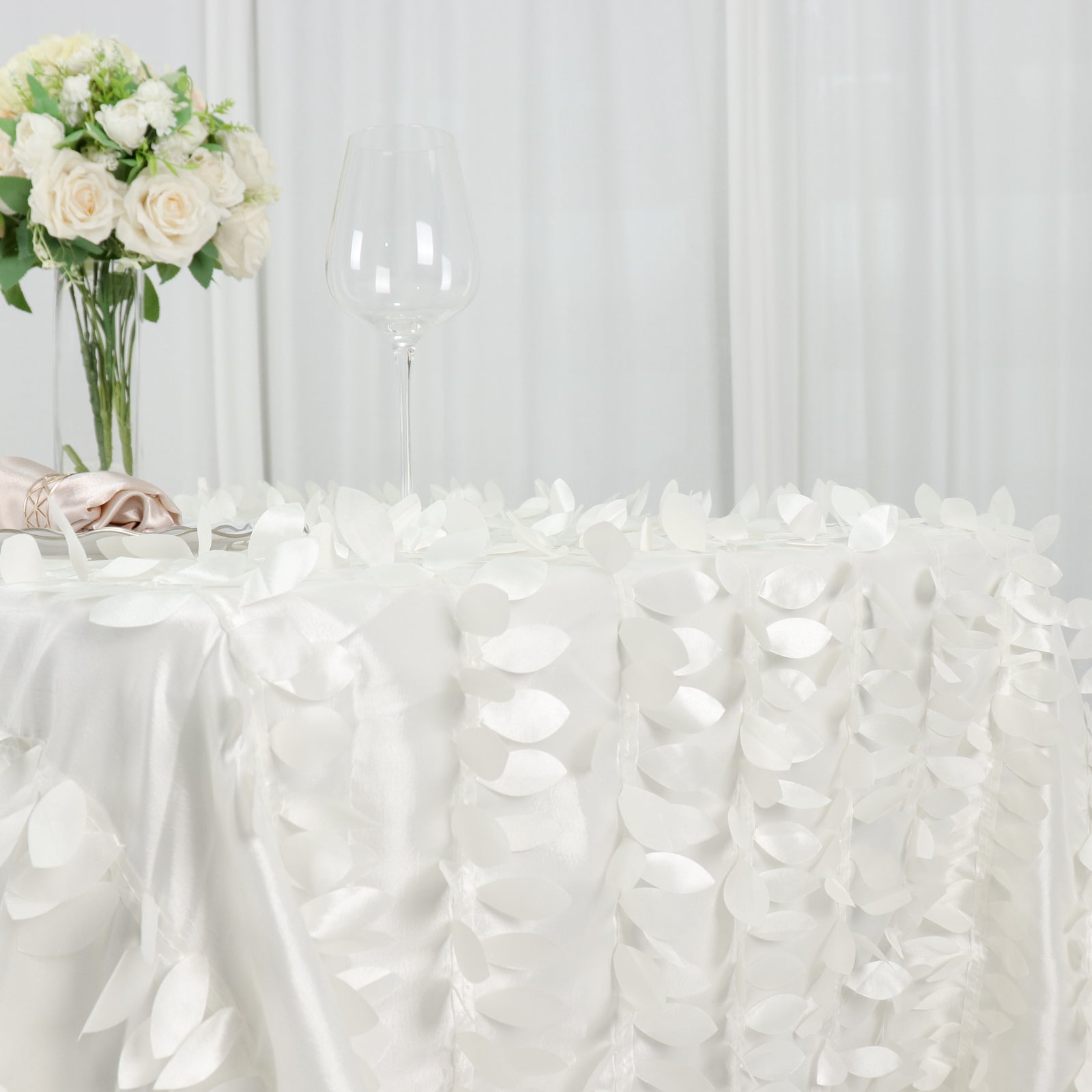 Taffeta 90"x132" Rectangle Tablecloth Ivory | 3D Leaf Petal Design Seamless Table Cover