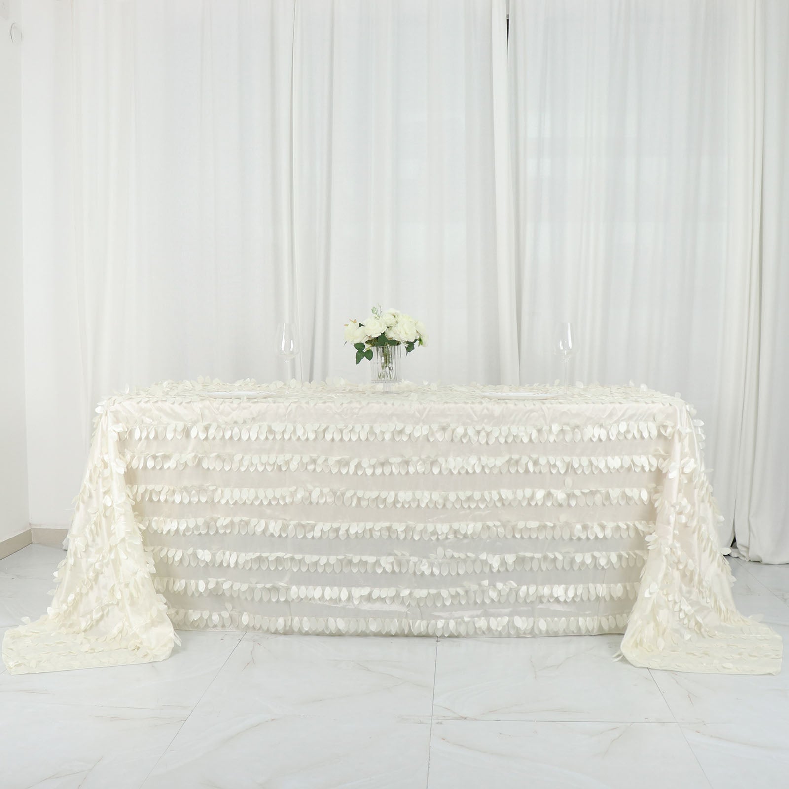 Taffeta 90"x132" Rectangle Tablecloth Ivory | 3D Leaf Petal Design Seamless Table Cover
