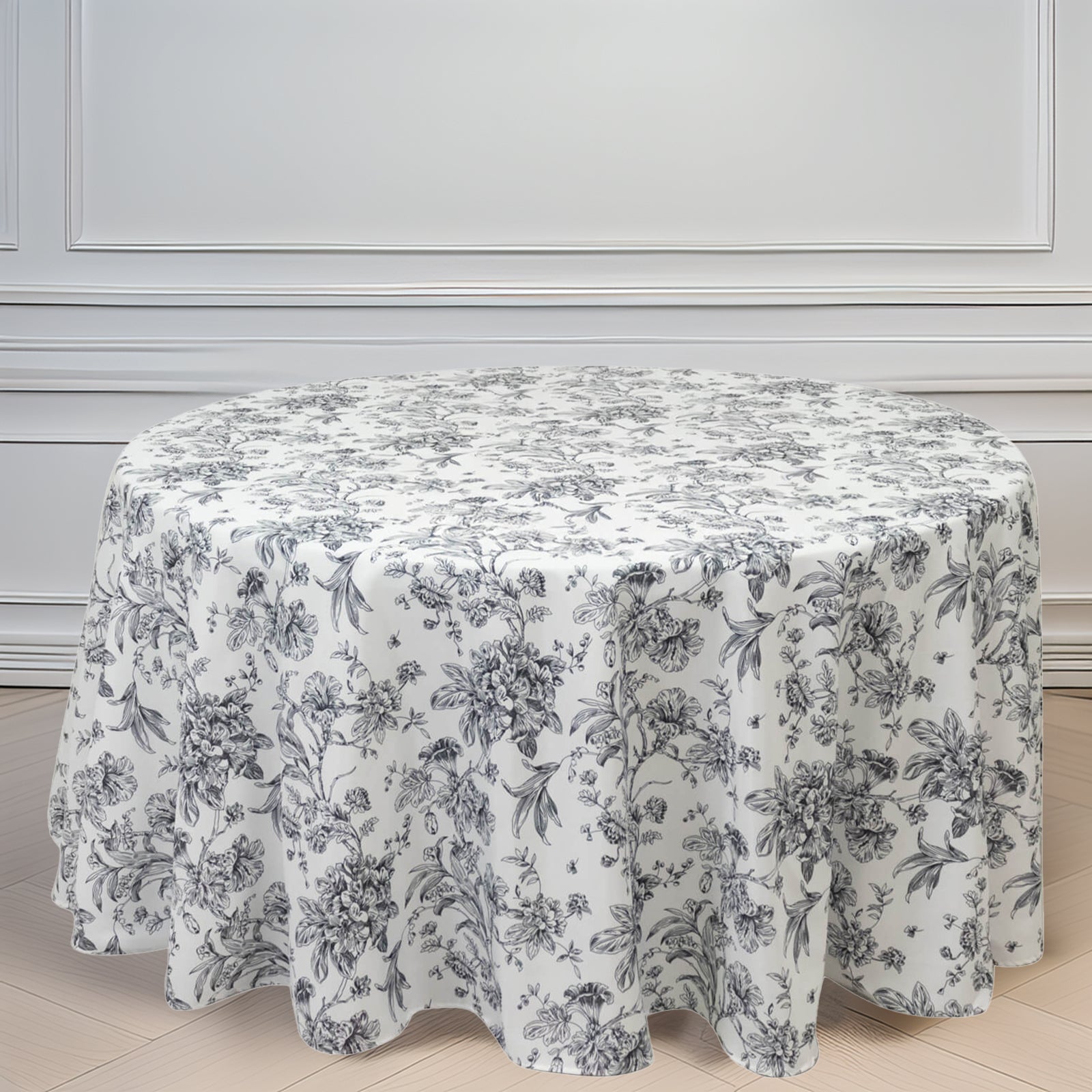 Polyester 120" Round Tablecloth White - Black French Toile Pattern for Chic Weddings