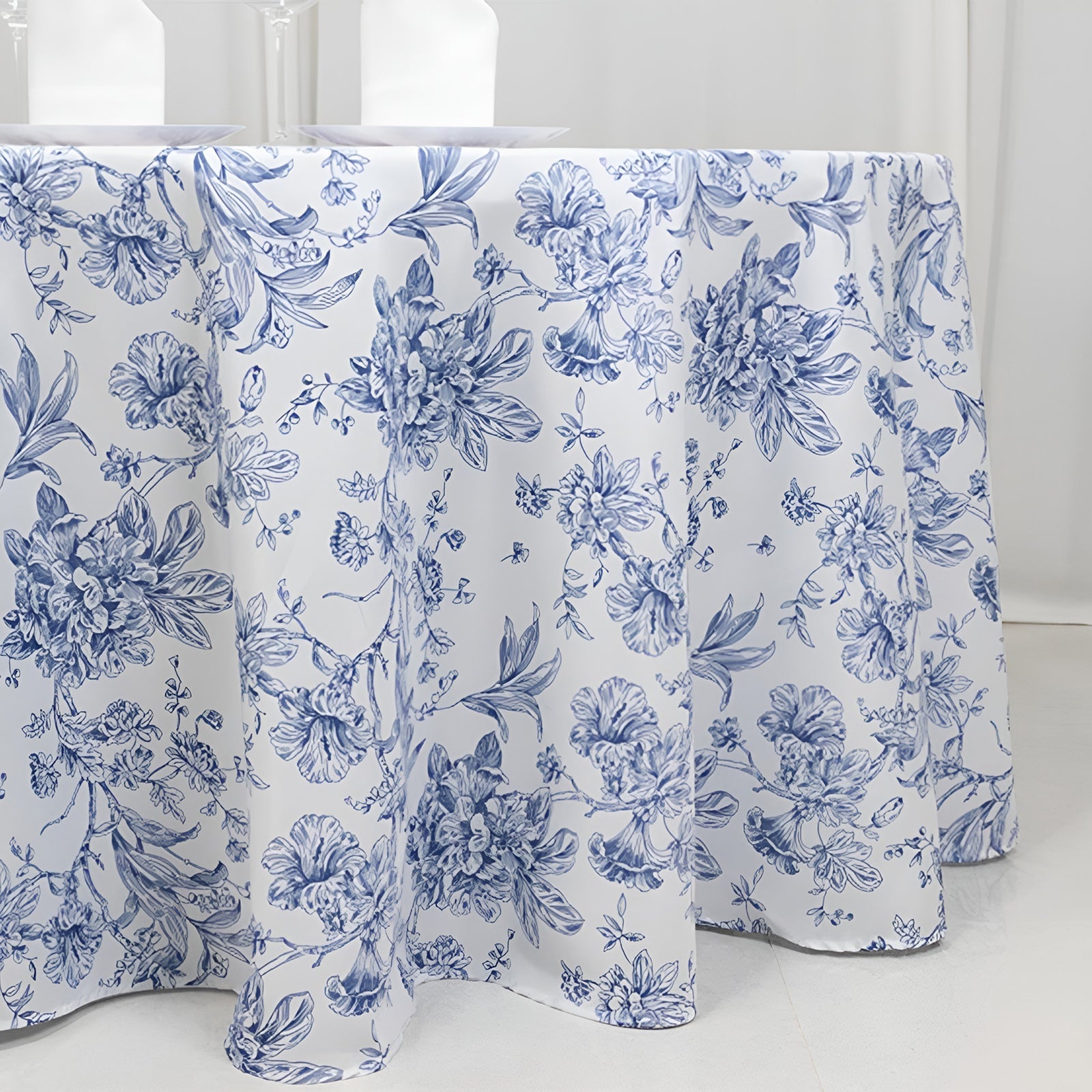 Polyester 120" Round Tablecloth White - Blue French Toile Pattern for Chic Weddings