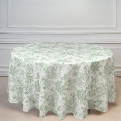 Polyester 120" Round Tablecloth White - Dusty Sage Green French Toile Pattern for Chic Weddings