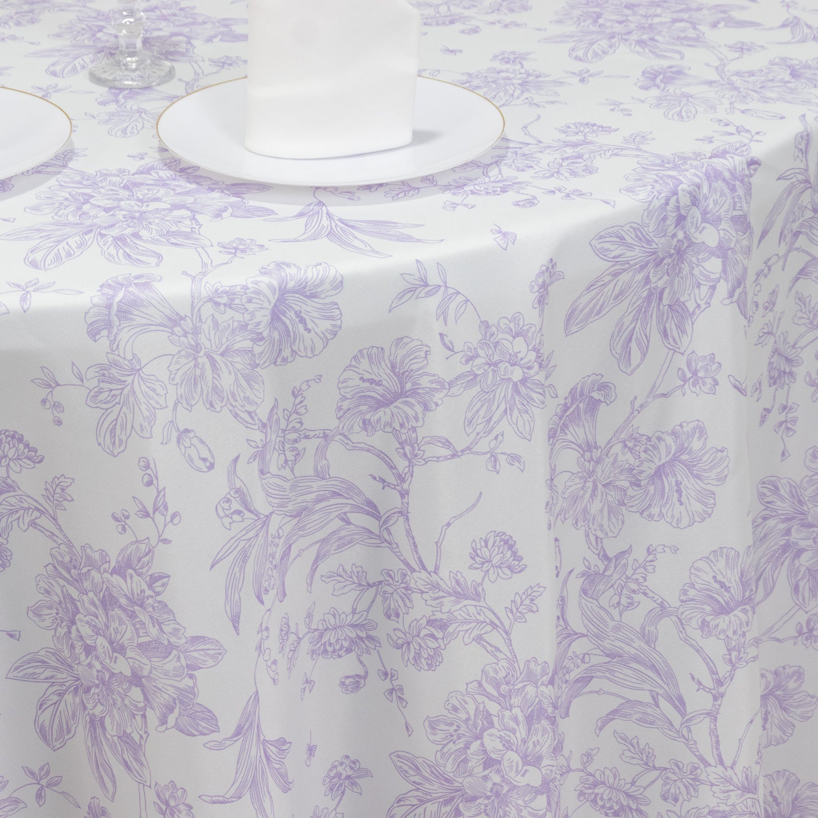 Polyester 120" Round Tablecloth White - Lavender Lilac French Toile Pattern for Chic Weddings