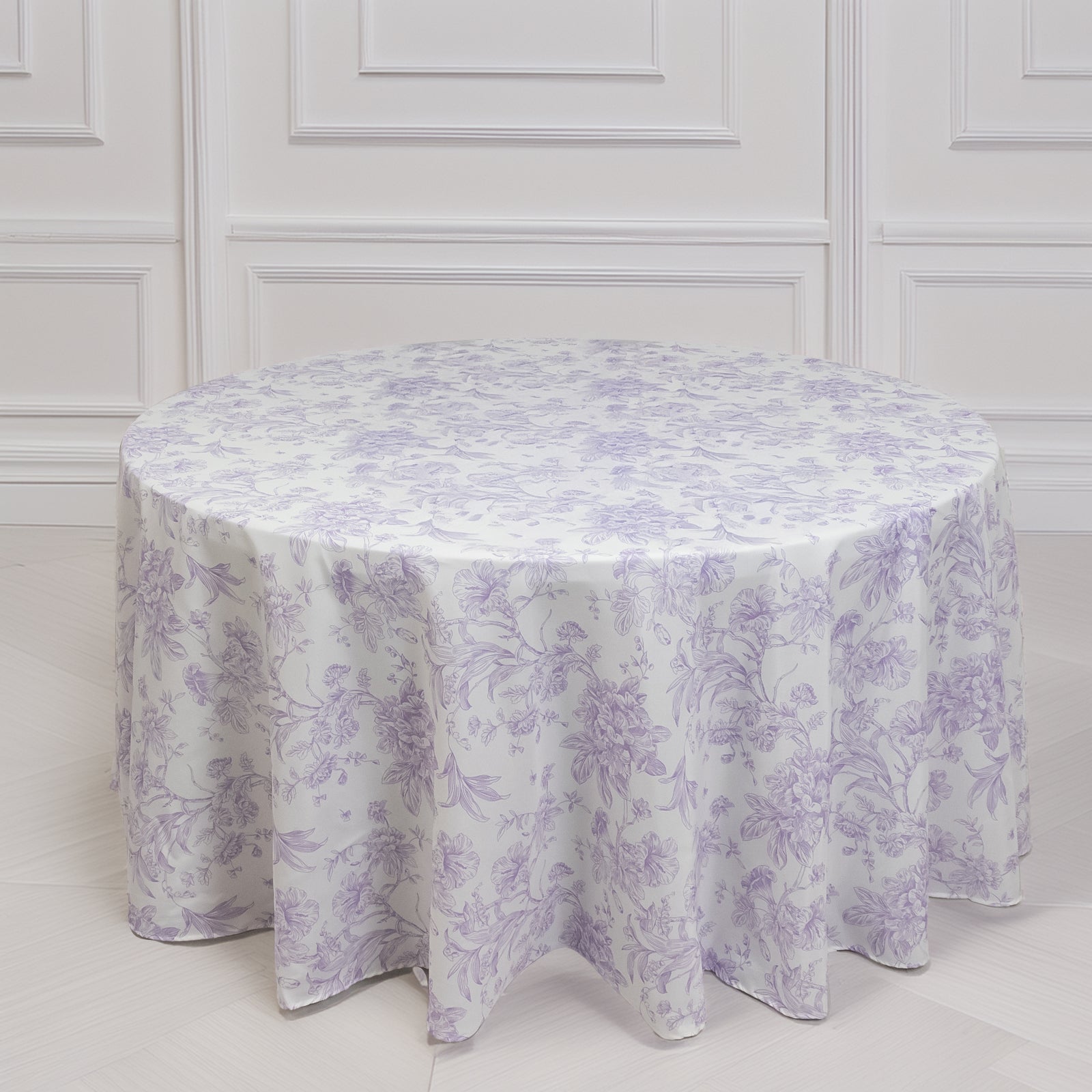Polyester 120" Round Tablecloth White - Lavender Lilac French Toile Pattern for Chic Weddings
