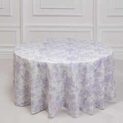Polyester 120" Round Tablecloth White - Lavender Lilac French Toile Pattern for Chic Weddings