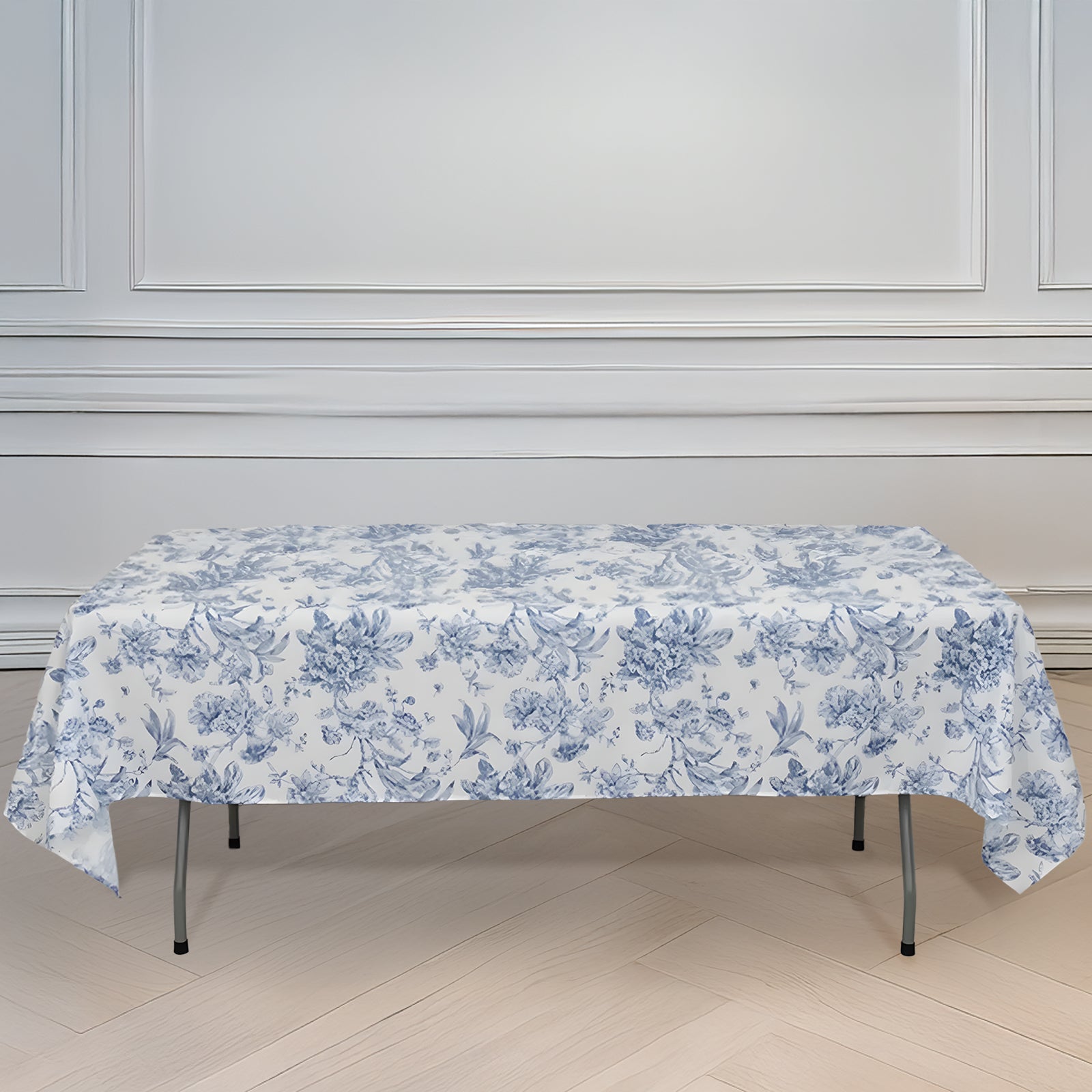 Polyester 60"x102" Rectangle Tablecloth White - Blue French Toile Pattern for Elegant Gatherings