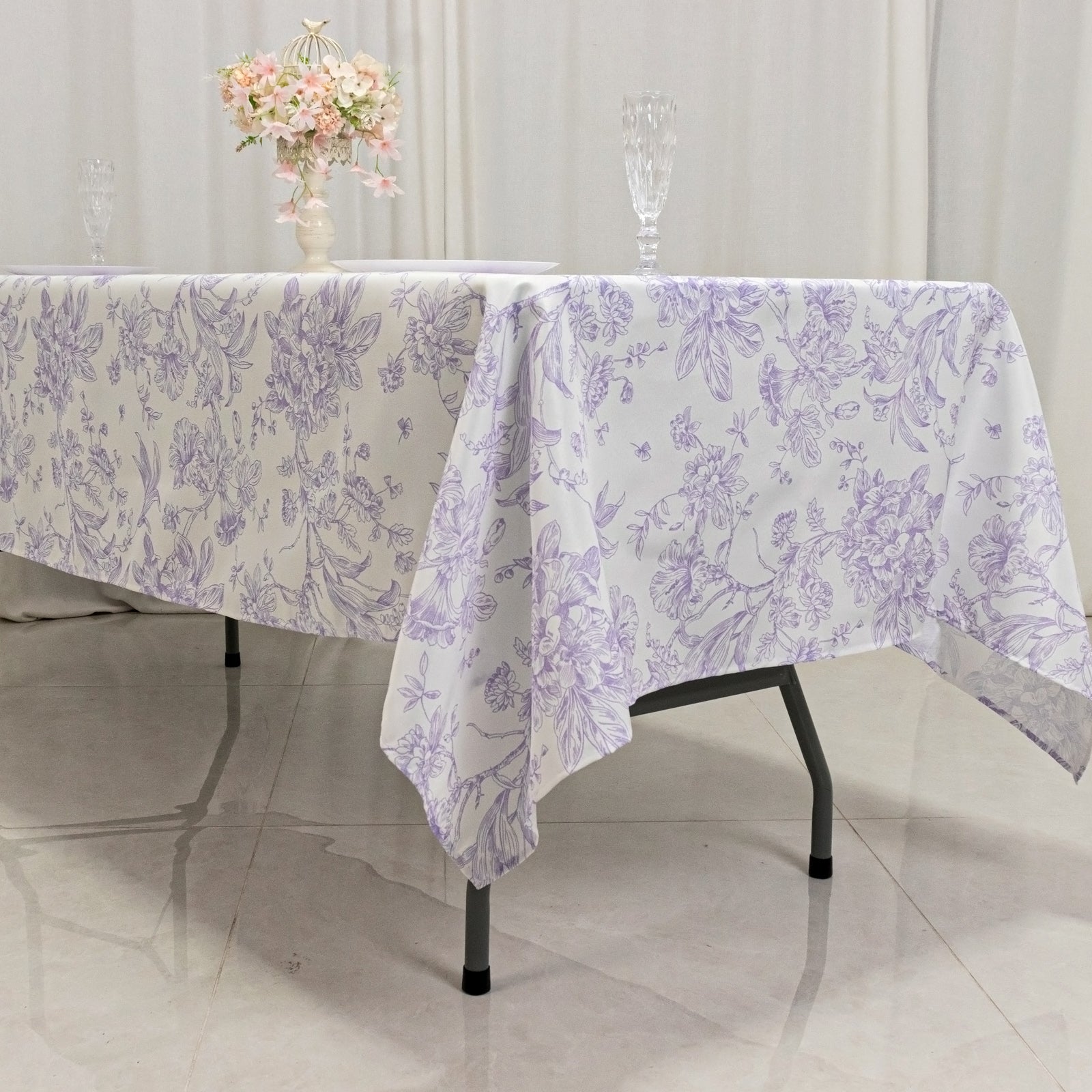 Polyester 60"x102" Rectangle Tablecloth White - Lavender Lilac French Toile Pattern for Elegant Gatherings