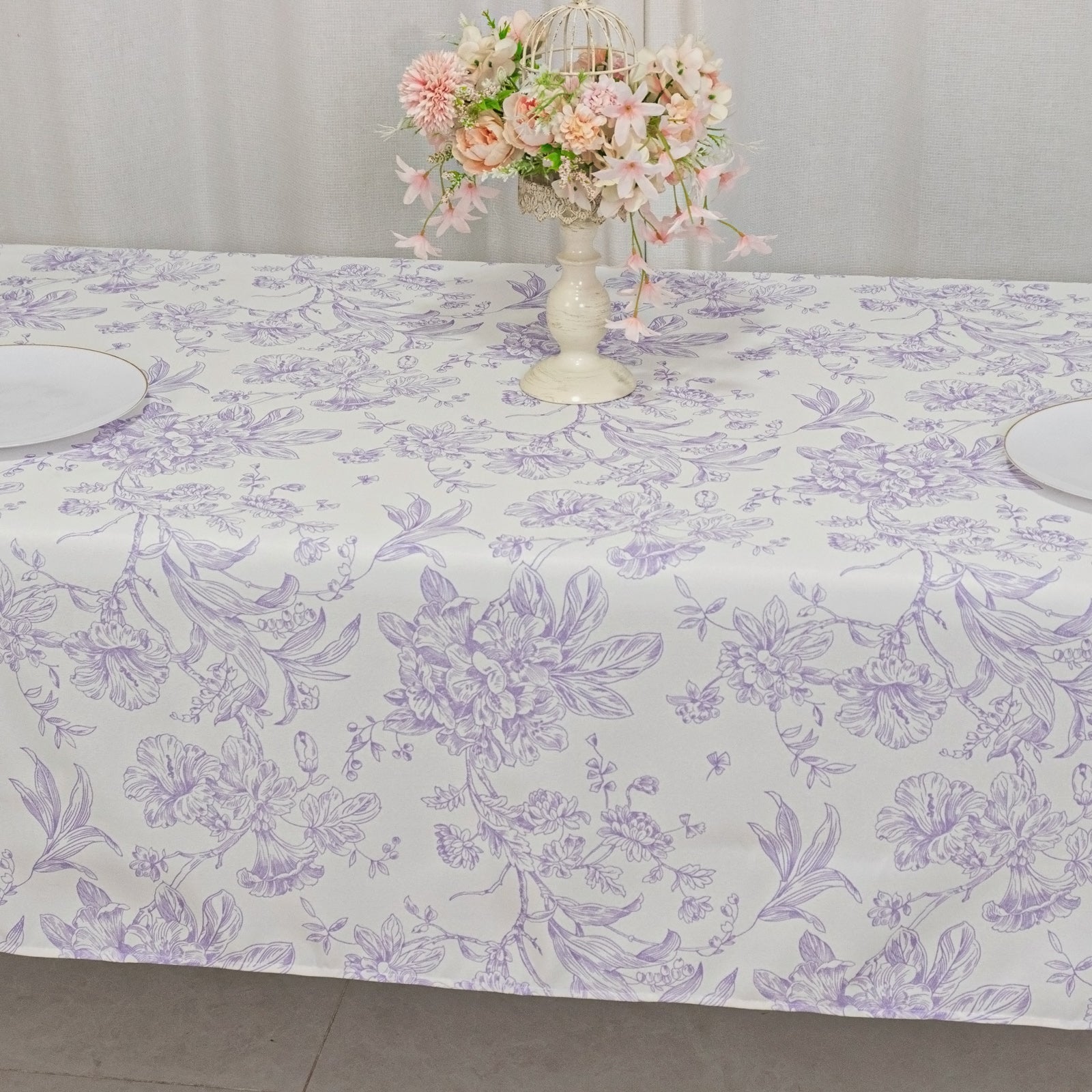 Polyester 60"x102" Rectangle Tablecloth White - Lavender Lilac French Toile Pattern for Elegant Gatherings