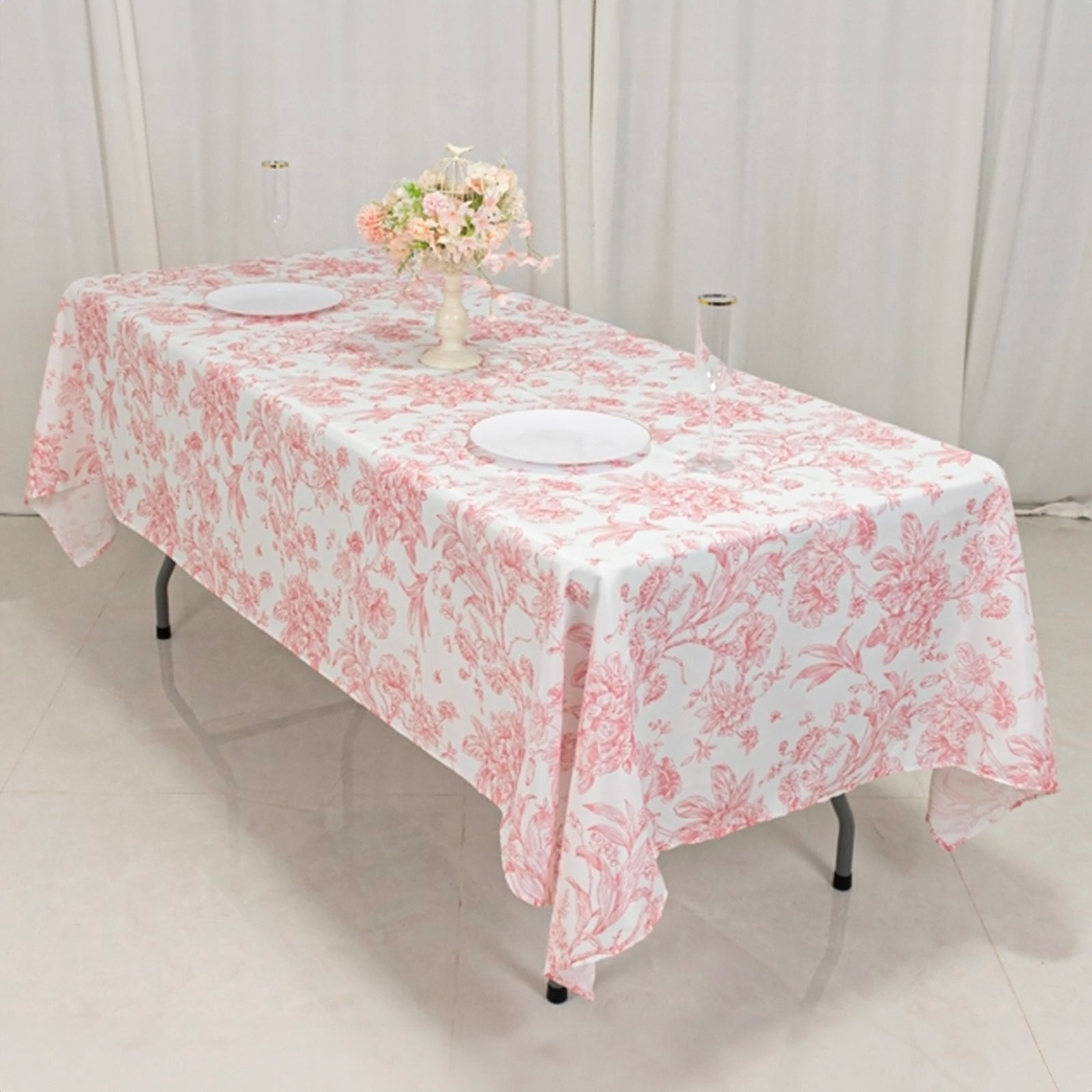 Polyester 60"x102" Rectangle Tablecloth White - Pink French Toile Pattern for Modern Occasions