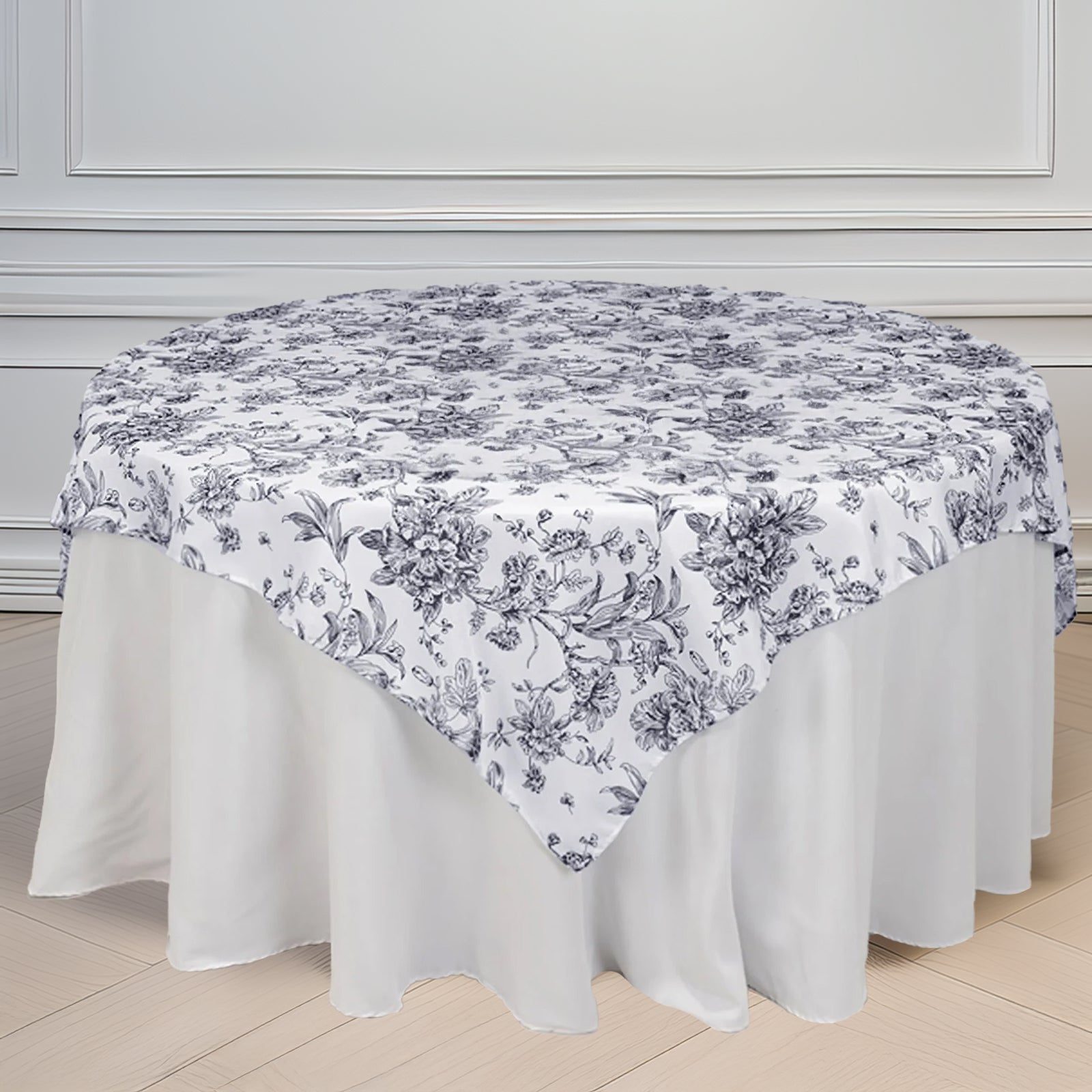 Polyester 70"x70" Table Overlay White - Black French Toile Pattern for Stylish Events
