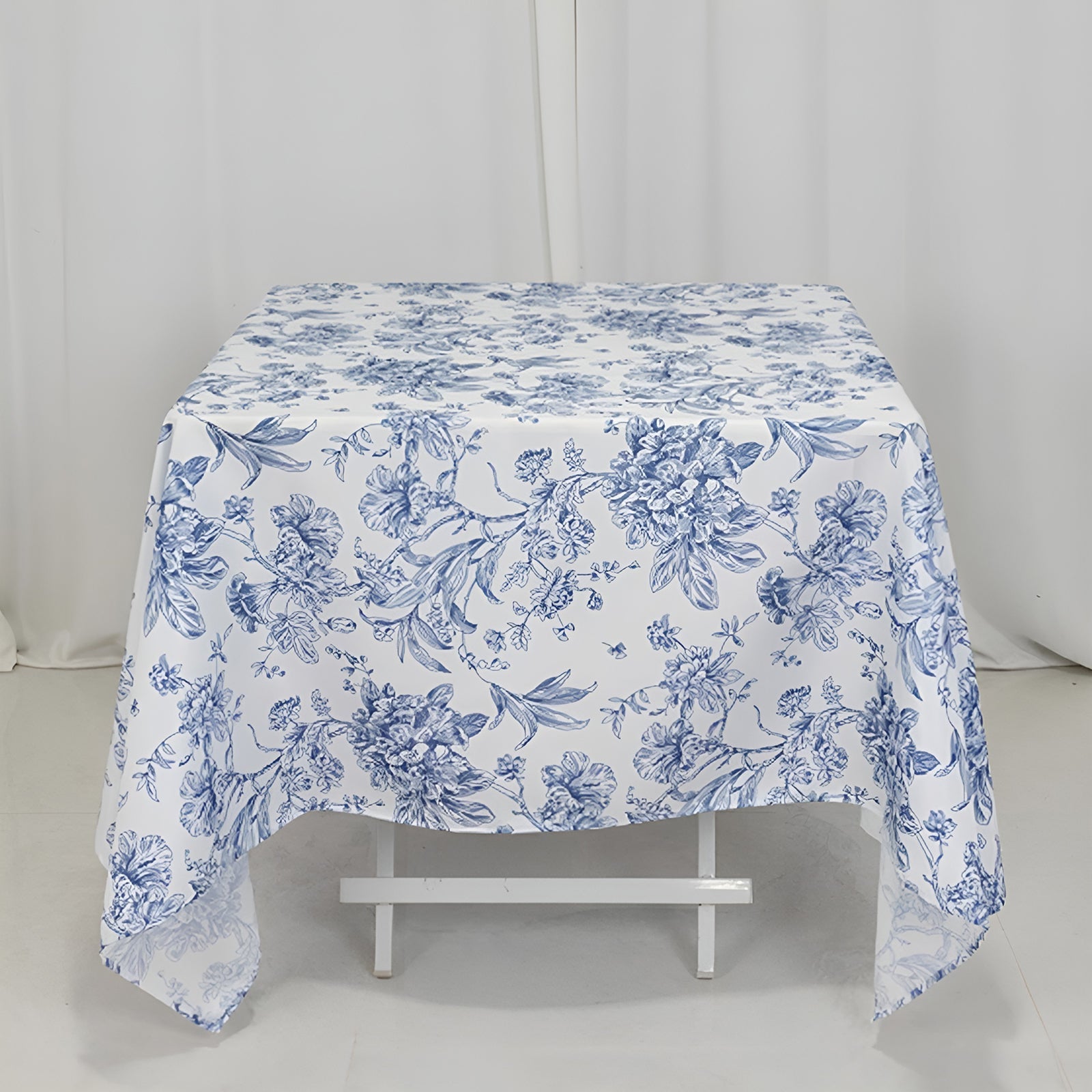 Polyester 70"x70" Table Overlay White - Blue French Toile Pattern for Stylish Events