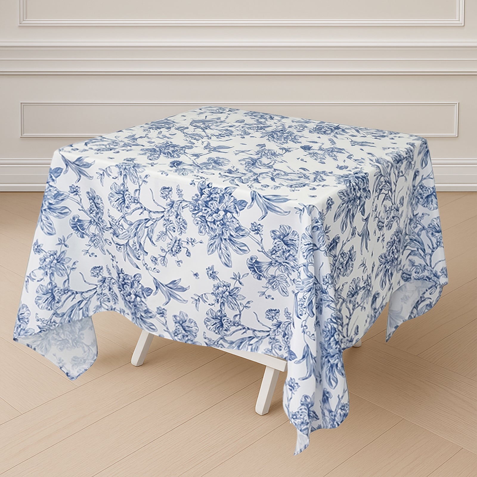 Polyester 70"x70" Square Tablecloth White - Blue French Toile Pattern for Sophisticated Settings