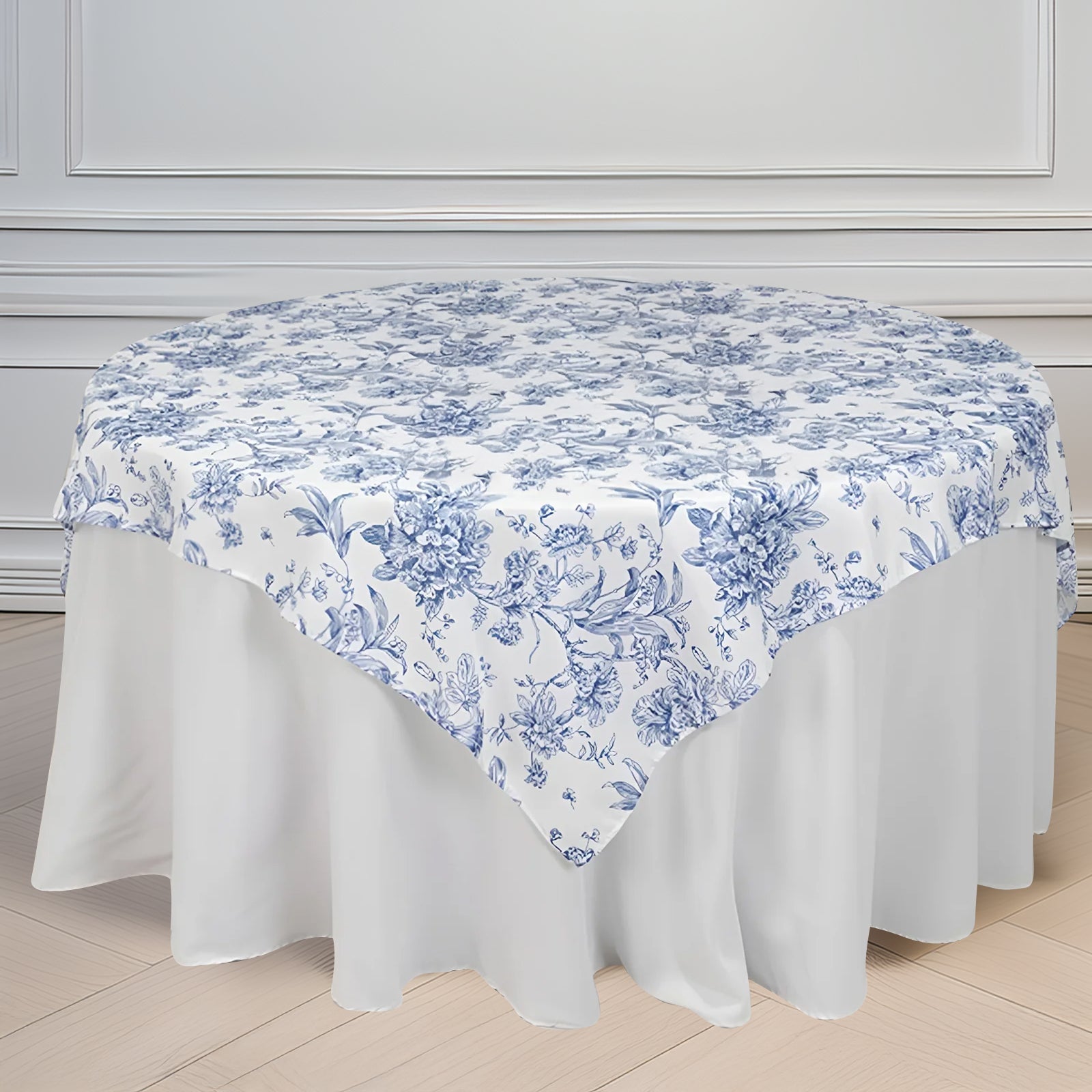 Polyester 70"x70" Table Overlay White - Blue French Toile Pattern for Stylish Events