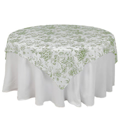 Polyester 70"x70" Table Overlay White - Dusty Sage Green French Toile Pattern for Stylish Events