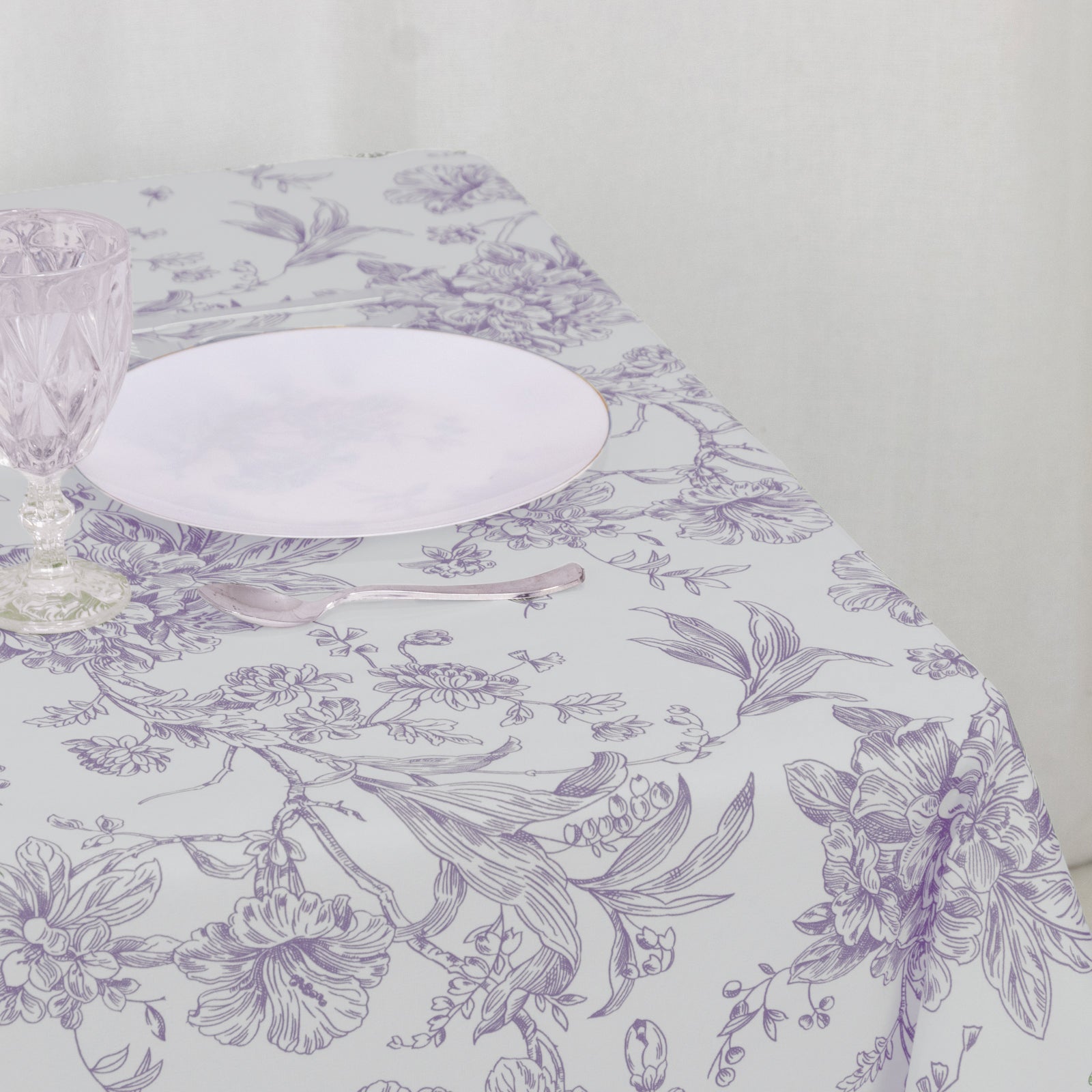 Polyester 70"x70" Square Tablecloth White - Lavender Lilac French Toile Pattern for Elegant Occasions