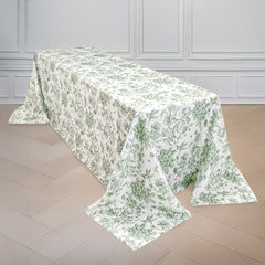 Polyester 90"x132" Rectangle Tablecloth White - Seamless Dusty Sage Green French Toile Pattern for Formal Celebrations