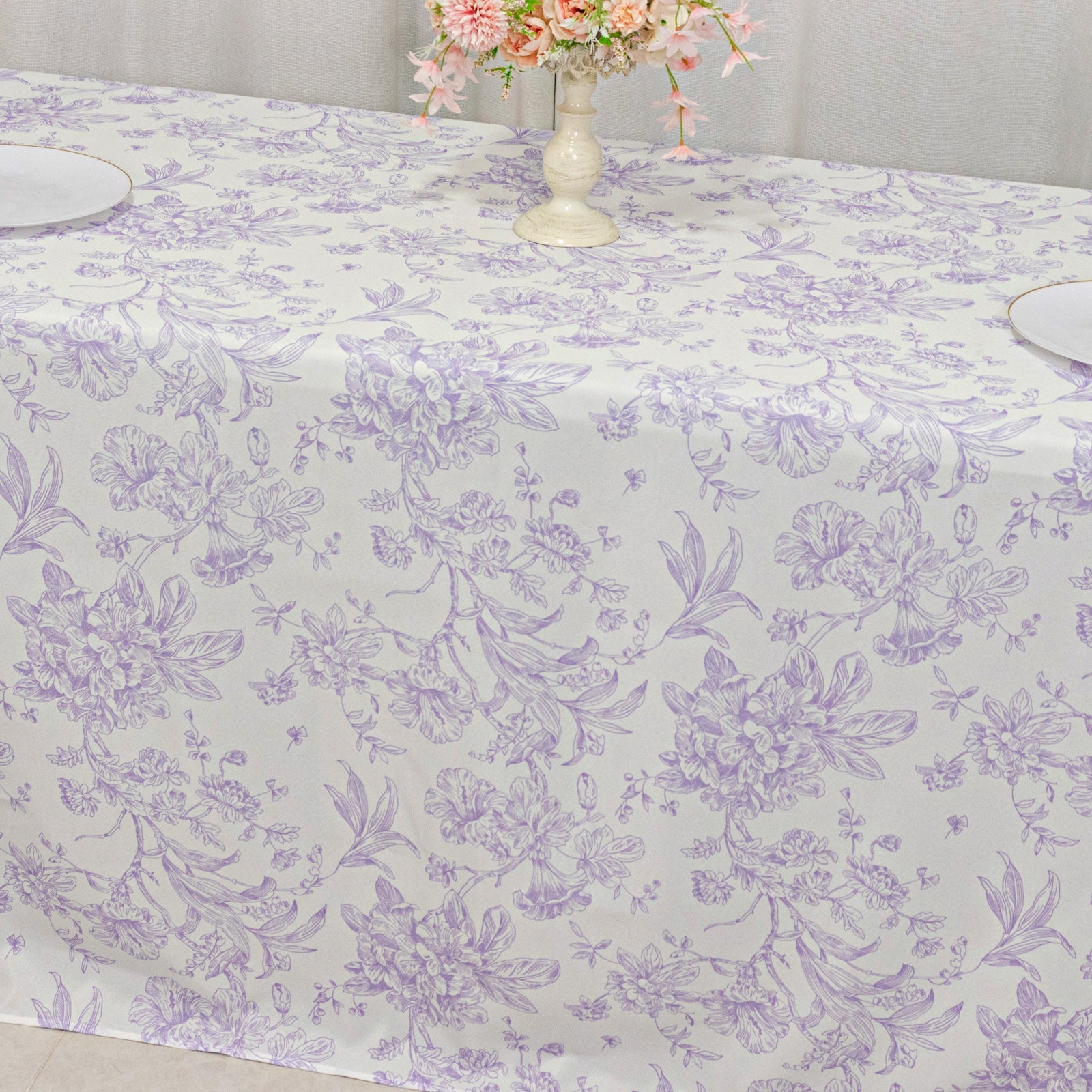 Polyester 90"x132" Rectangle Tablecloth White - Seamless Lavender Lilac French Toile Pattern for Formal Celebrations