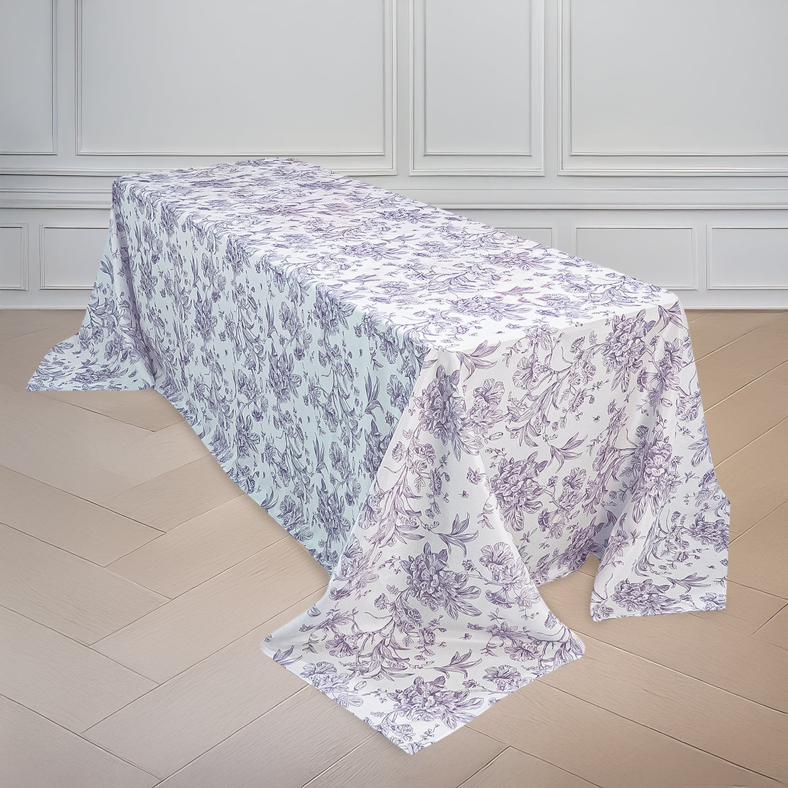 Polyester 90"x132" Rectangle Tablecloth White - Seamless Lavender Lilac French Toile Pattern for Formal Celebrations