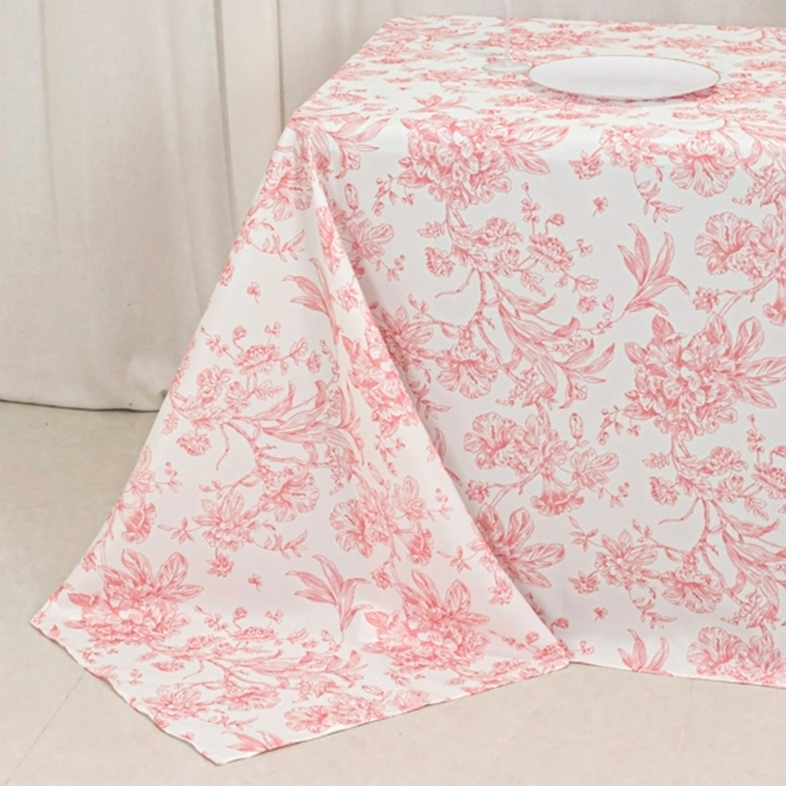 Polyester 90"x132" Rectangle Tablecloth White - Seamless Pink French Toile Pattern for Formal Celebrations