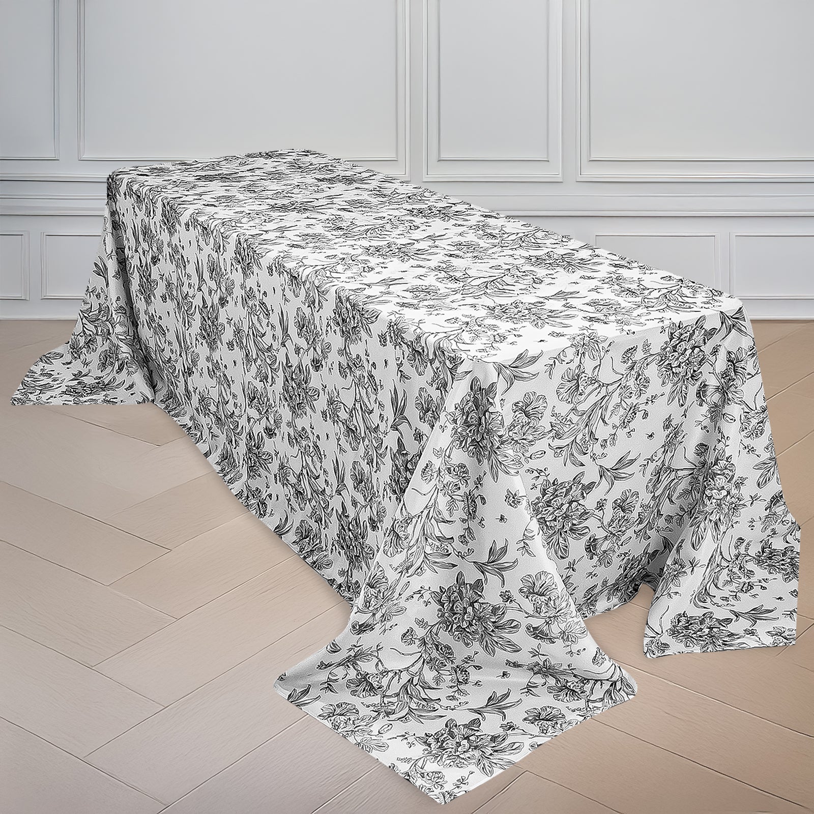 Polyester 90"x156" Rectangle Tablecloth White - Seamless Black French Toile Pattern for Grand Occasions