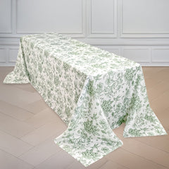 Polyester 90"x156" Rectangle Tablecloth White - Seamless Dusty Sage Green French Toile Pattern for Grand Occasions