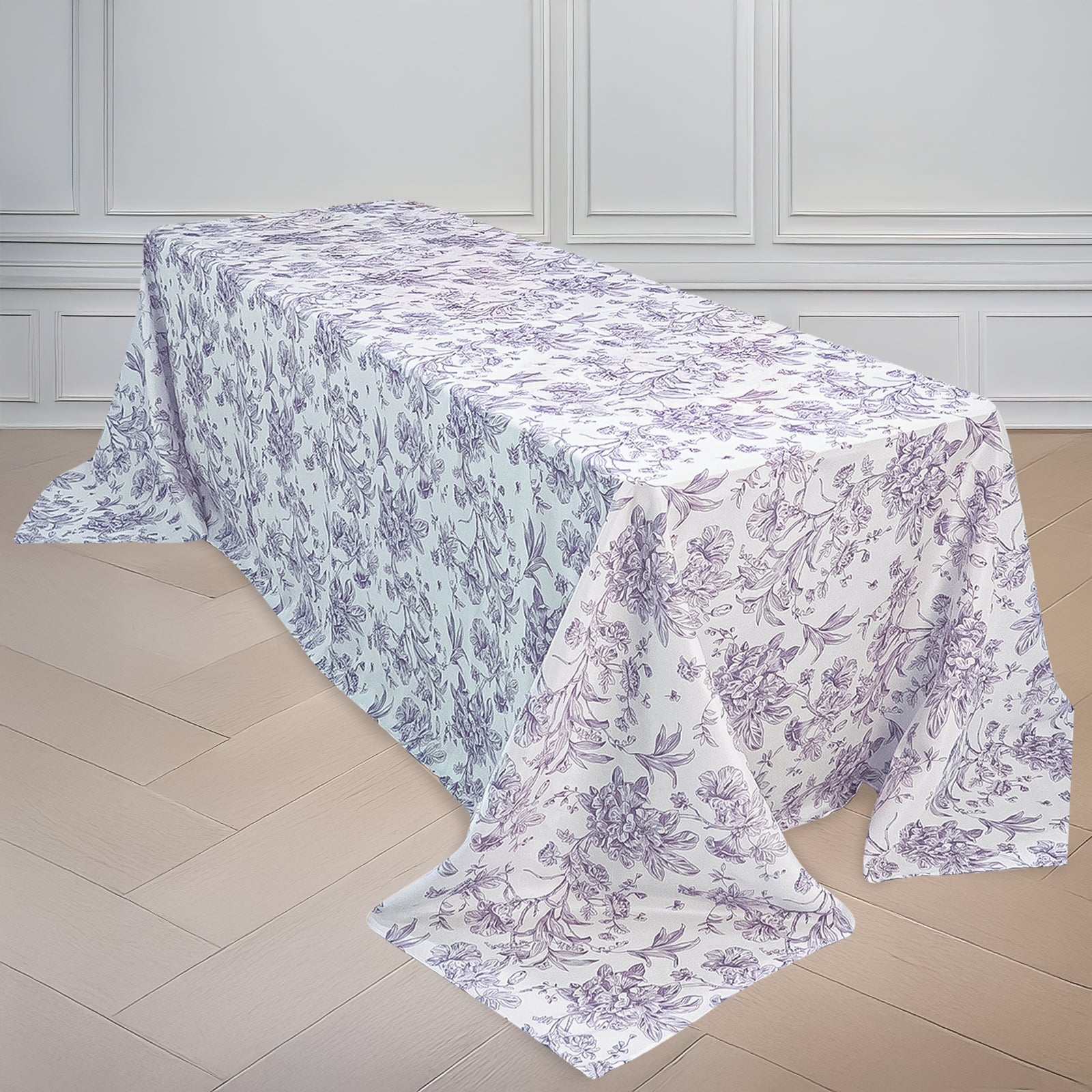 Polyester 90"x156" Rectangle Tablecloth White - Seamless Lavender Lilac French Toile Pattern for Grand Occasions