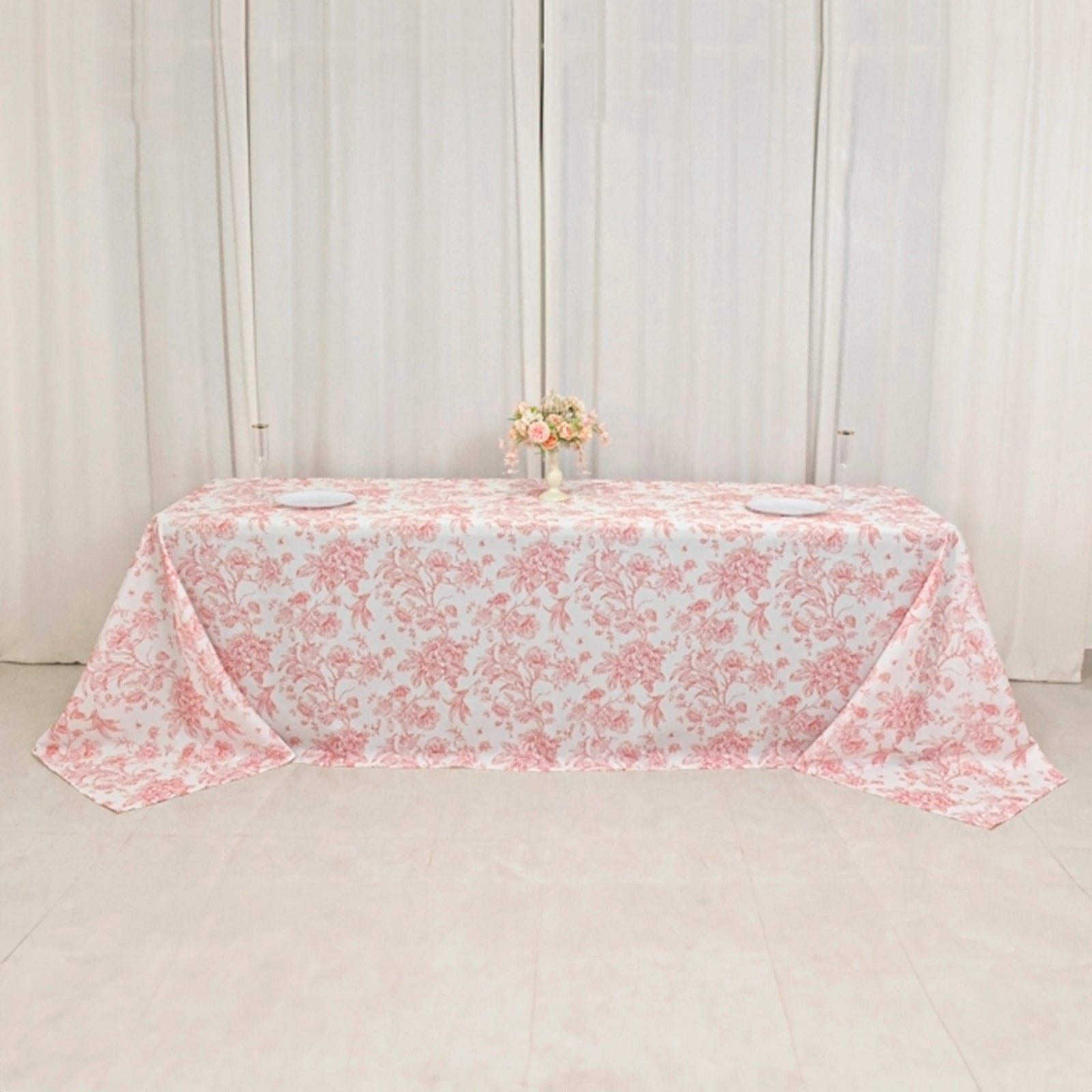 Polyester 90"x156" Rectangle Tablecloth White - Seamless Pink French Toile Pattern for Grand Occasions