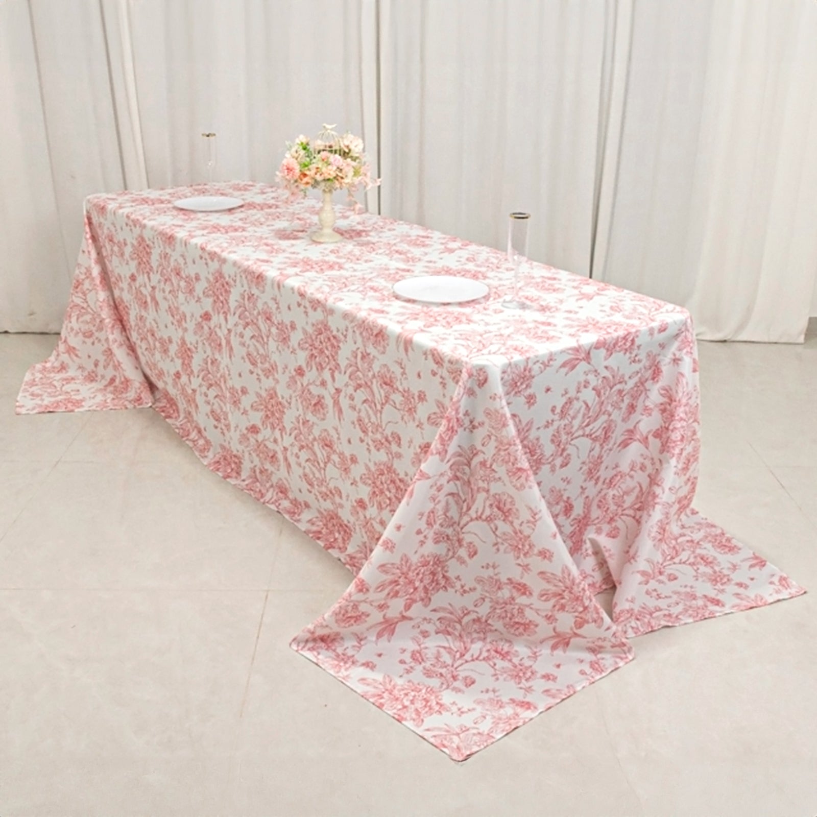 Polyester 90"x156" Rectangle Tablecloth White - Seamless Pink French Toile Pattern for Grand Occasions