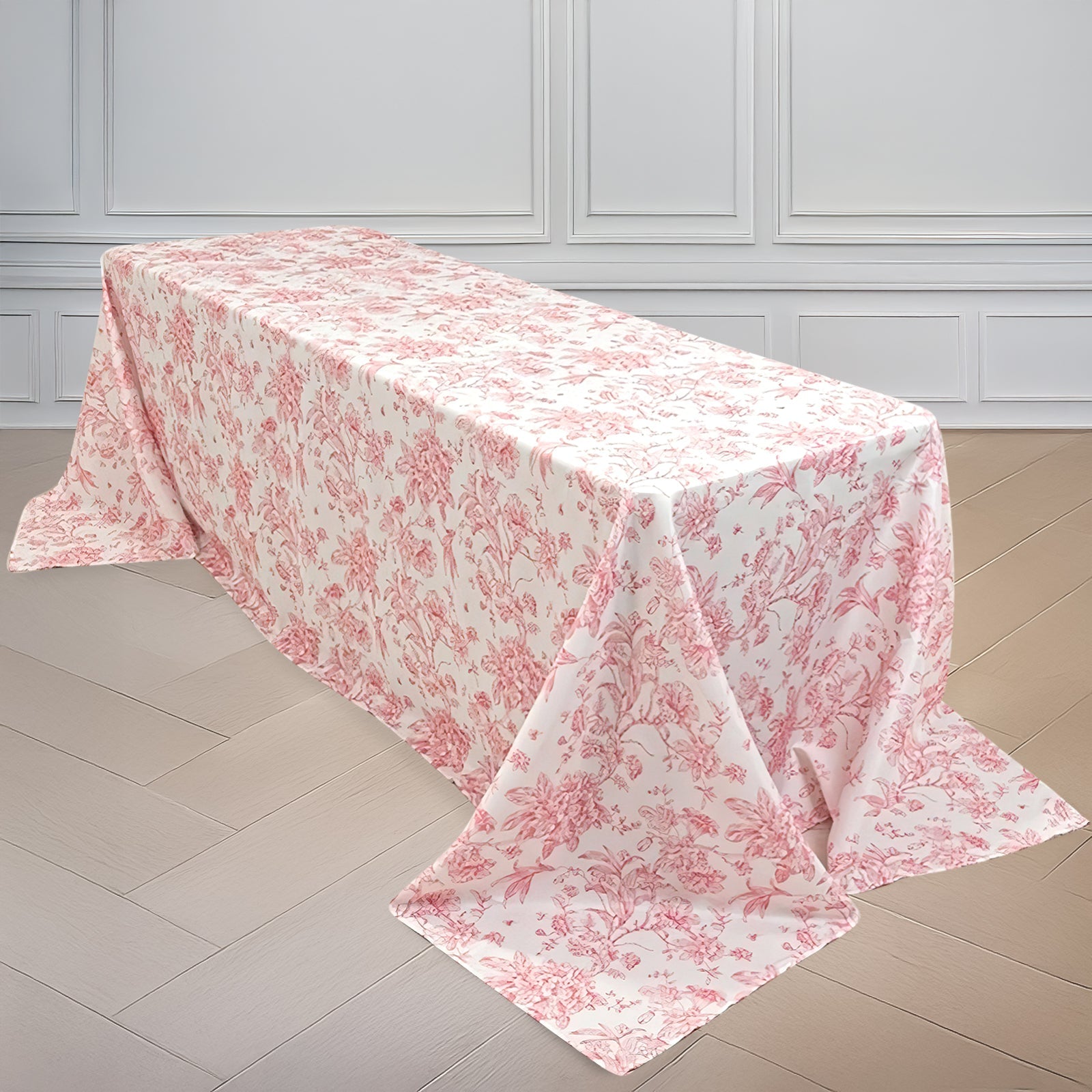 Polyester 90"x156" Rectangle Tablecloth White - Seamless Pink French Toile Pattern for Grand Occasions