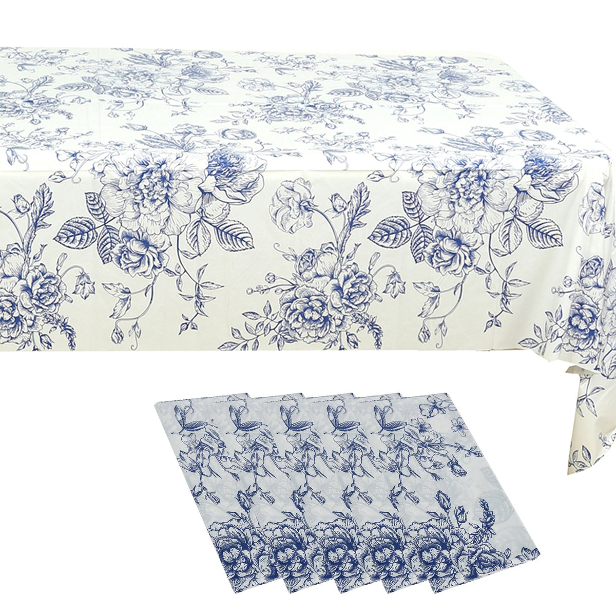 5-Pack Rectangular Plastic Tablecloths – White with Blue French Toile Pattern, PVC Waterproof Disposable Table Covers 54"x108"