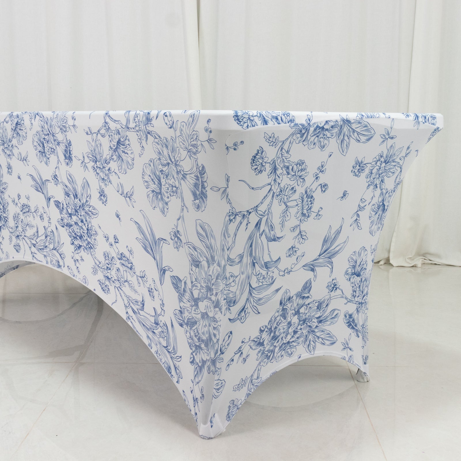 6ft Spandex Fitted Rectangle Tablecloth – White & Blue French Toile Wrinkle-Free Stretch Table Cover