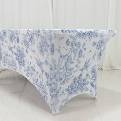 6ft Spandex Fitted Rectangle Tablecloth – White & Blue French Toile Wrinkle-Free Stretch Table Cover