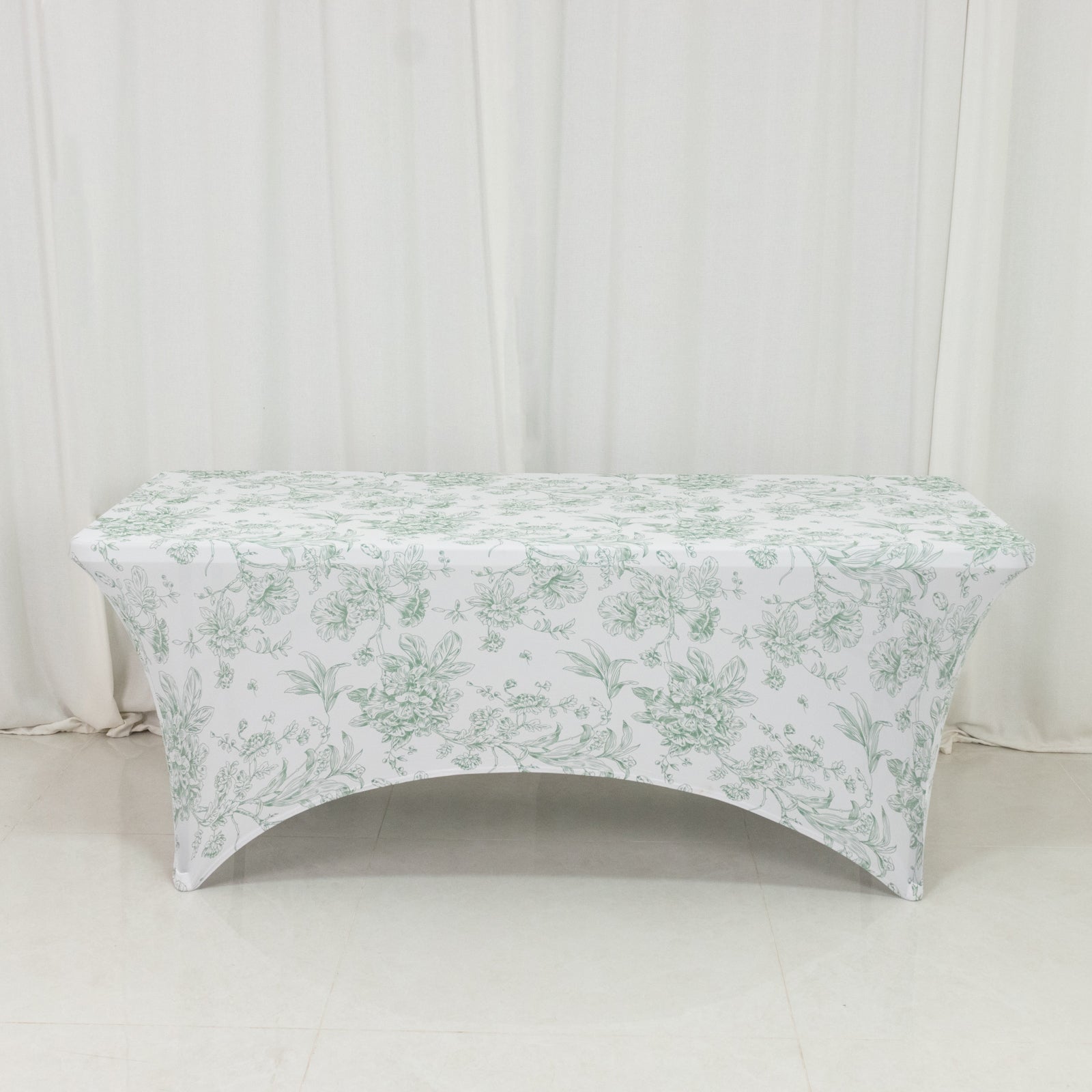 6ft Spandex Fitted Rectangle Tablecloth – White & Dusty Sage Green French Toile Wrinkle-Free Stretch Table Cover