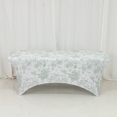 6ft Spandex Fitted Rectangle Tablecloth – White & Dusty Sage Green French Toile Wrinkle-Free Stretch Table Cover
