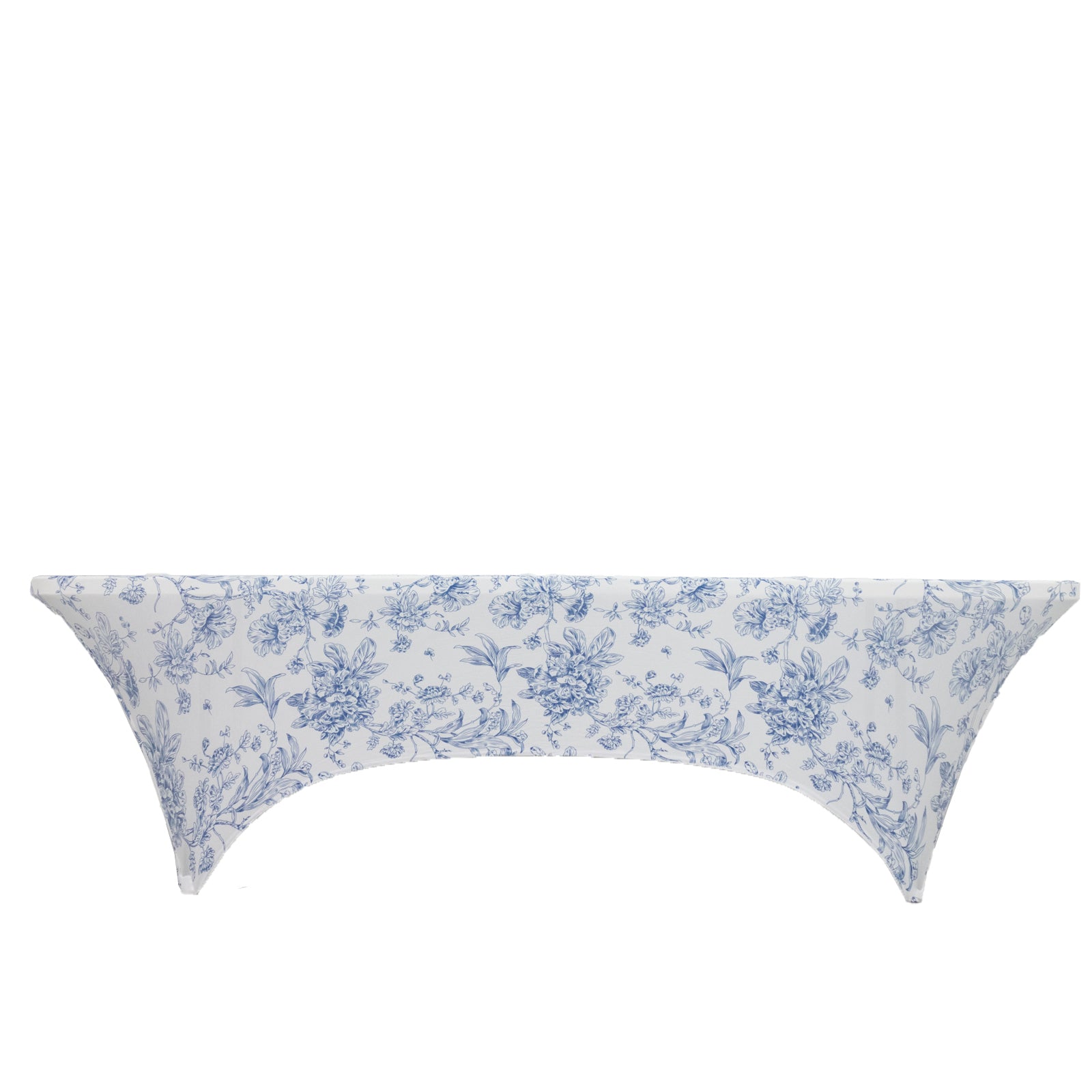 8ft Spandex Fitted Rectangle Tablecloth – White & Blue French Toile Wrinkle-Free Stretch Table Cover