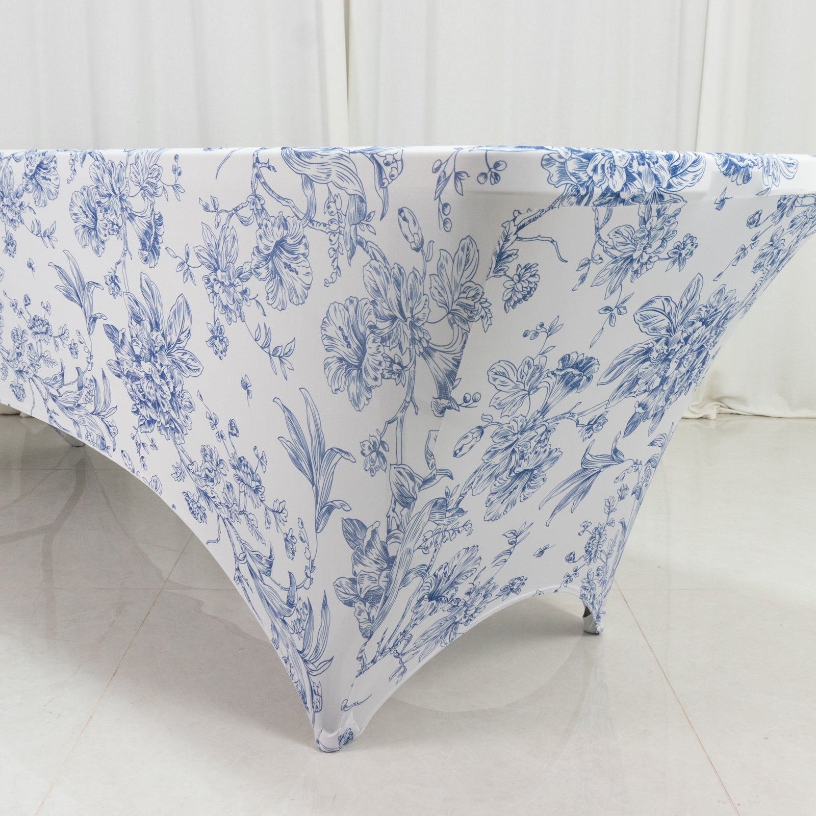 8ft Spandex Fitted Rectangle Tablecloth – White & Blue French Toile Wrinkle-Free Stretch Table Cover