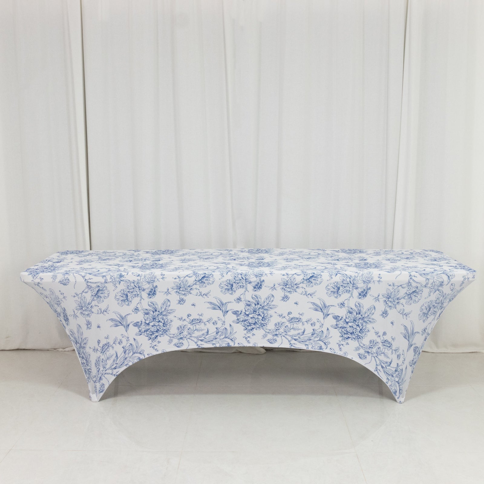 8ft Spandex Fitted Rectangle Tablecloth – White & Blue French Toile Wrinkle-Free Stretch Table Cover