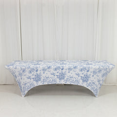 8ft Spandex Fitted Rectangle Tablecloth – White & Blue French Toile Wrinkle-Free Stretch Table Cover