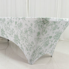 8ft Spandex Fitted Rectangle Tablecloth – White & Dusty Sage Green French Toile Wrinkle-Free Stretch Table Cover