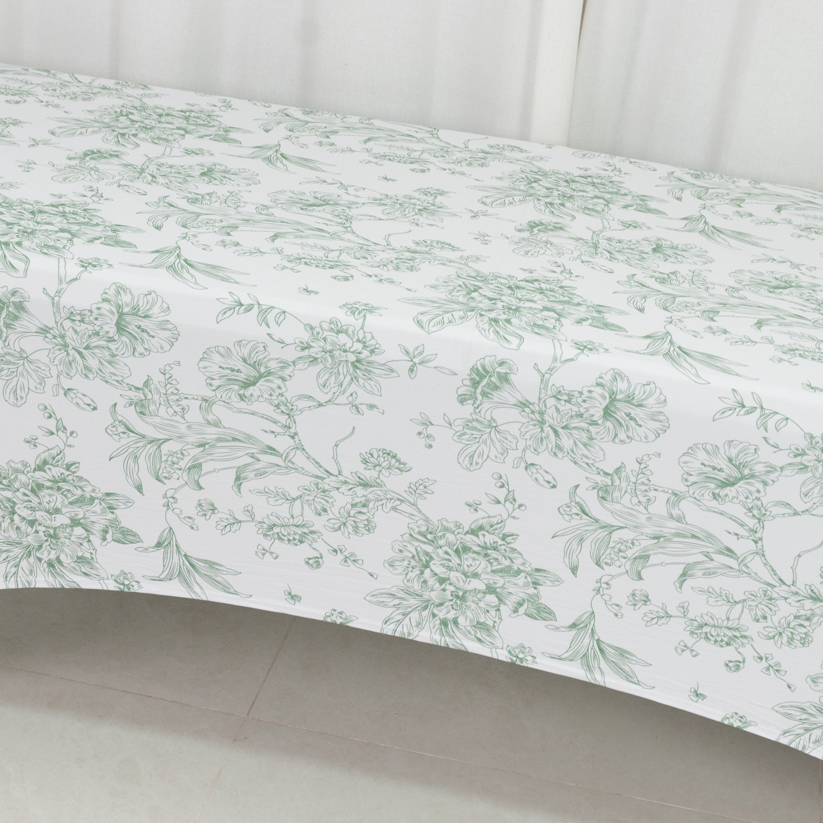 8ft Spandex Fitted Rectangle Tablecloth – White & Dusty Sage Green French Toile Wrinkle-Free Stretch Table Cover