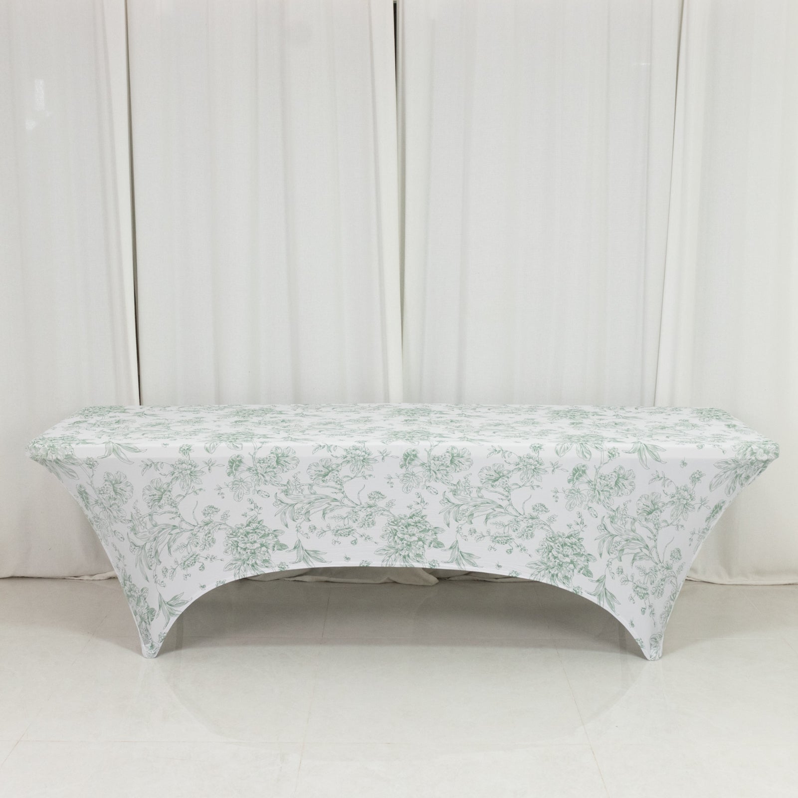 8ft Spandex Fitted Rectangle Tablecloth – White & Dusty Sage Green French Toile Wrinkle-Free Stretch Table Cover
