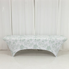 8ft Spandex Fitted Rectangle Tablecloth – White & Dusty Sage Green French Toile Wrinkle-Free Stretch Table Cover