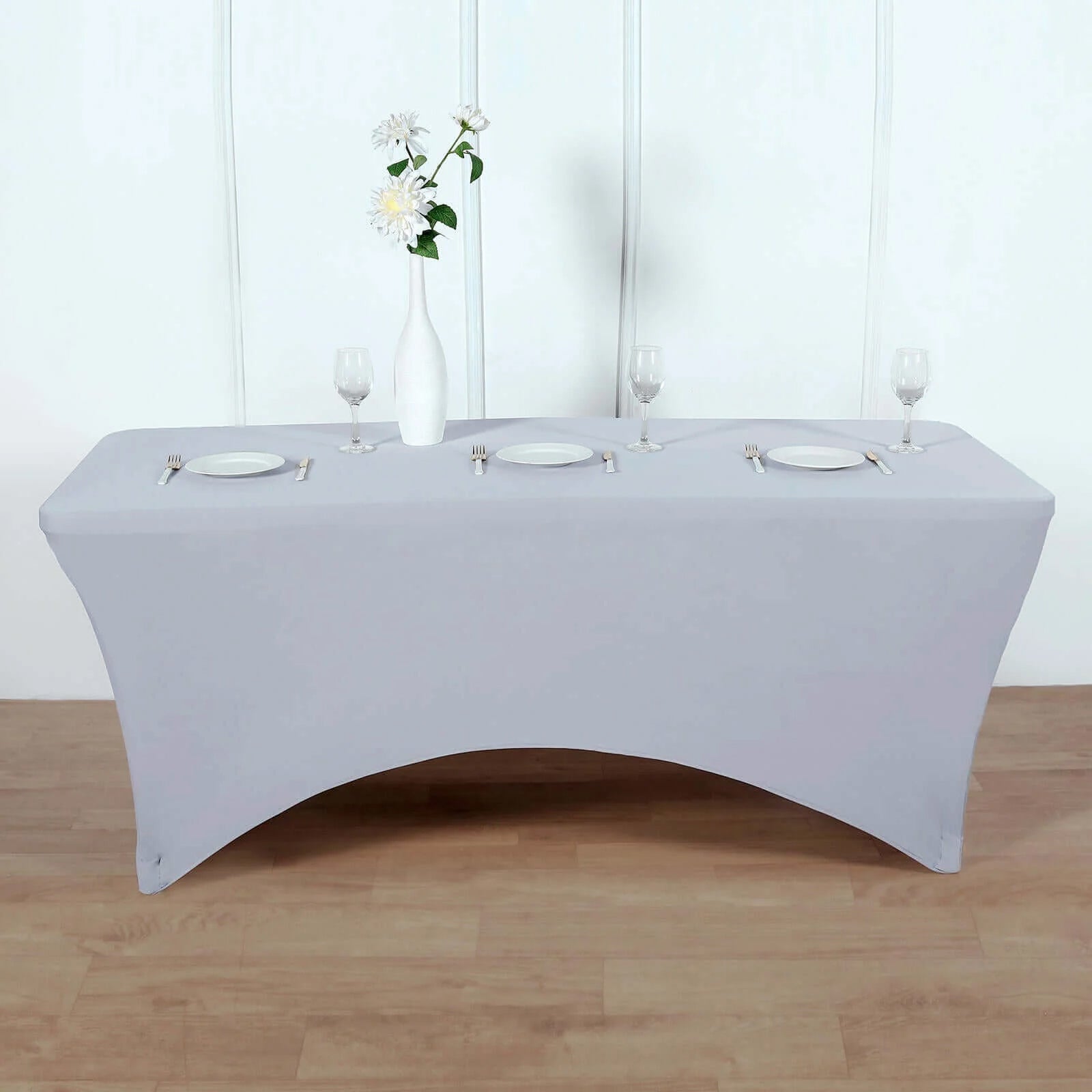 Stretch Spandex 96"x30" Rectangle Table Cover Silver - Durable Form-Fitting Tablecloth