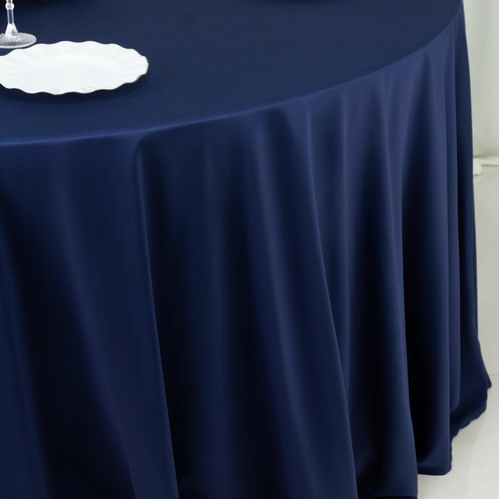 Fire Retardant Scuba Tablecloth – 120" Round Navy Blue, Wrinkle Free, Stain Resistant, Seamless Polyester Cover