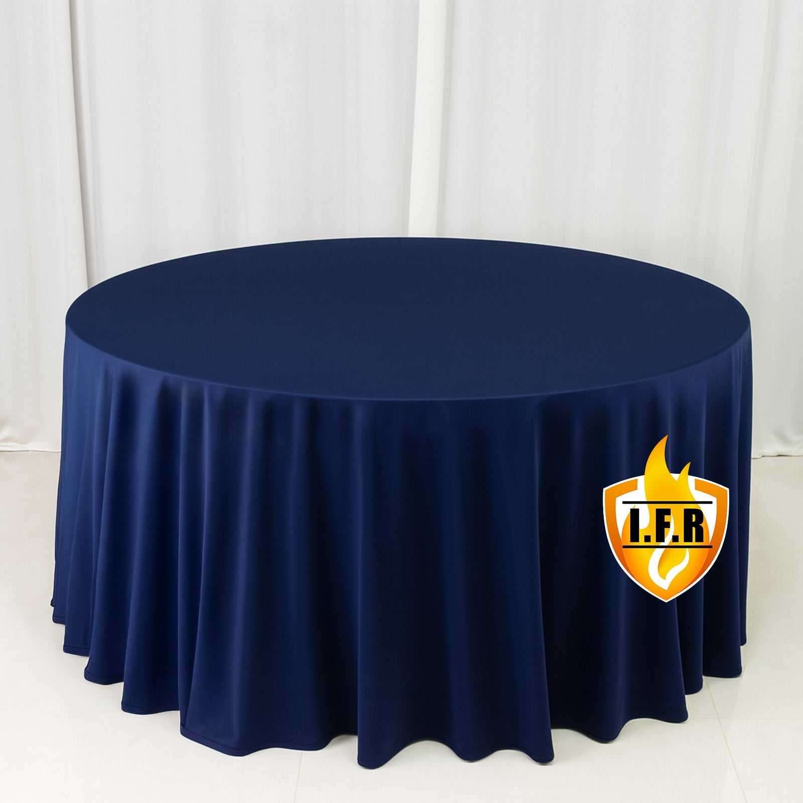Fire Retardant Scuba Tablecloth – 120" Round Navy Blue, Wrinkle Free, Stain Resistant, Seamless Polyester Cover