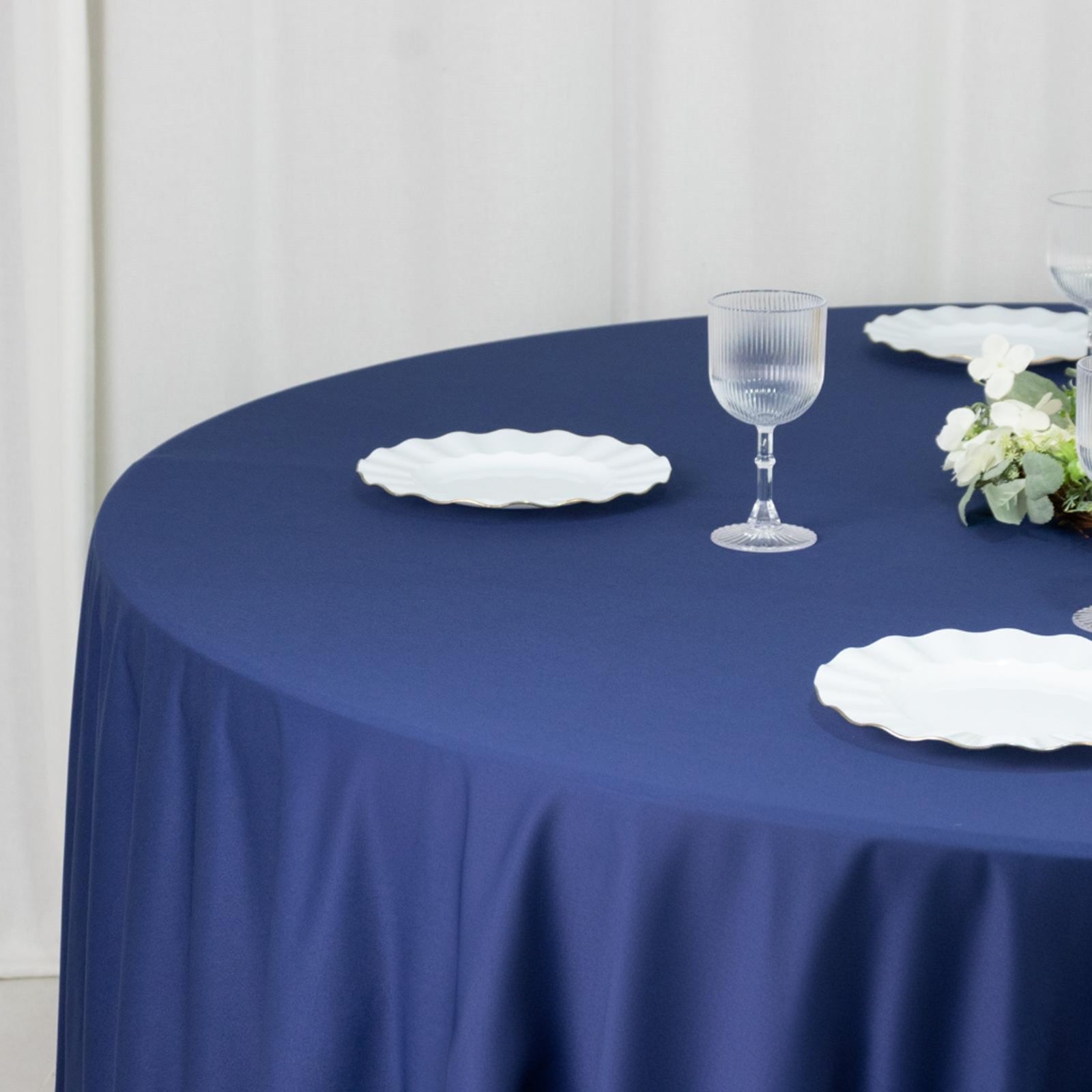 Fire Retardant Scuba Tablecloth – 132" Round Navy Blue, Wrinkle Free, Stain Resistant, Seamless Polyester Cover