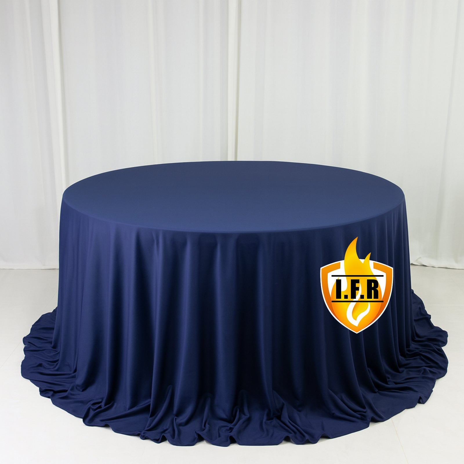Fire Retardant Scuba Tablecloth – 132" Round Navy Blue, Wrinkle Free, Stain Resistant, Seamless Polyester Cover