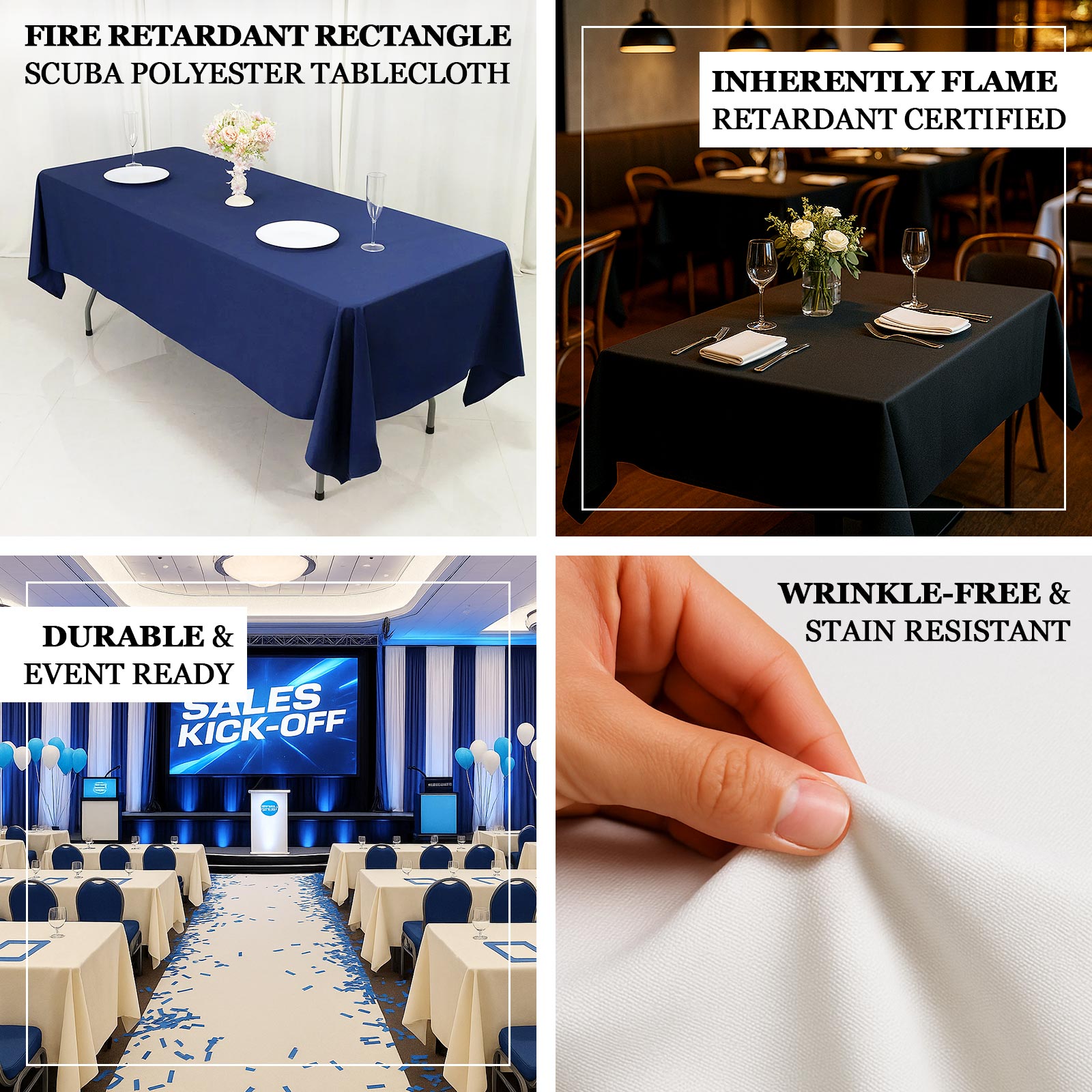 Fire Retardant Scuba Tablecloth – 60"x102" Rectangle Navy Blue, Wrinkle Free, Stain Resistant Polyester Cover